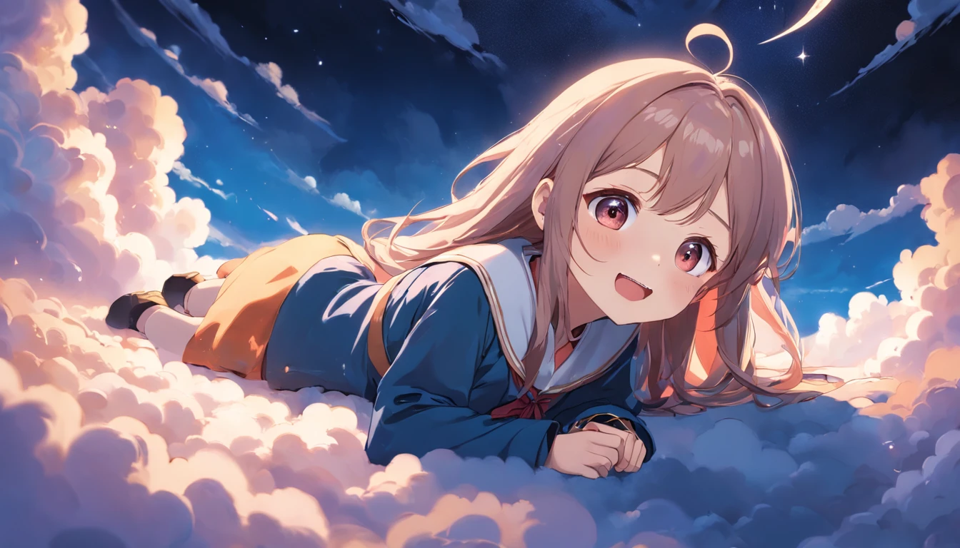 masterpiece, best quality, movie still, 1girl, cloud girl, floating in the sky, close-up, bright, happy, warm soft lighting, starry moonlit night, (sparks:0.7)