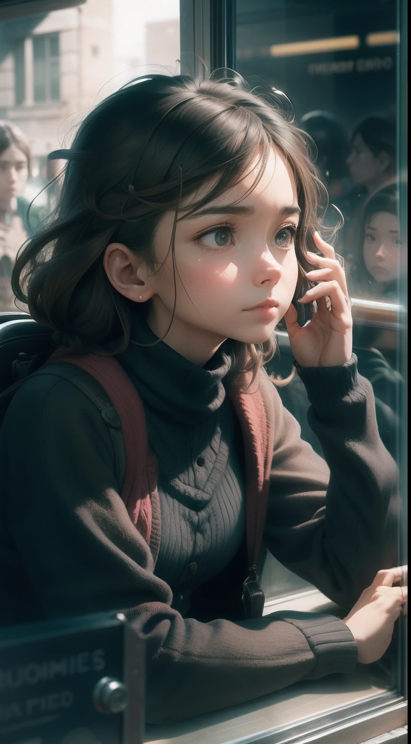 A woman looks intently at the people passing by outside the window