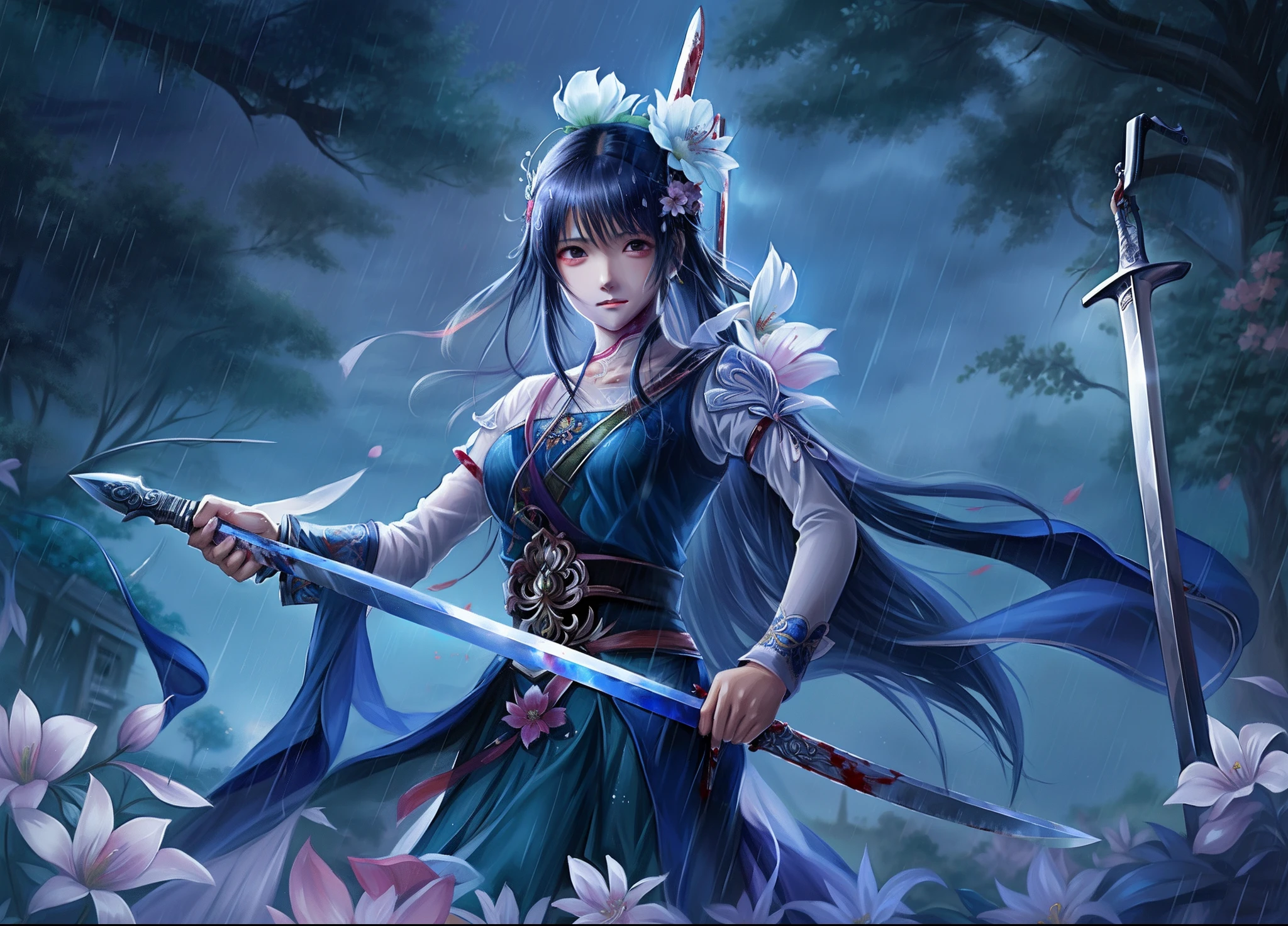 Anime girl with sword and flower in the rain, Cut the neck with a sword,There was blood on the sword,Clothing does not cover the body,Shed tears,The expression is desperate