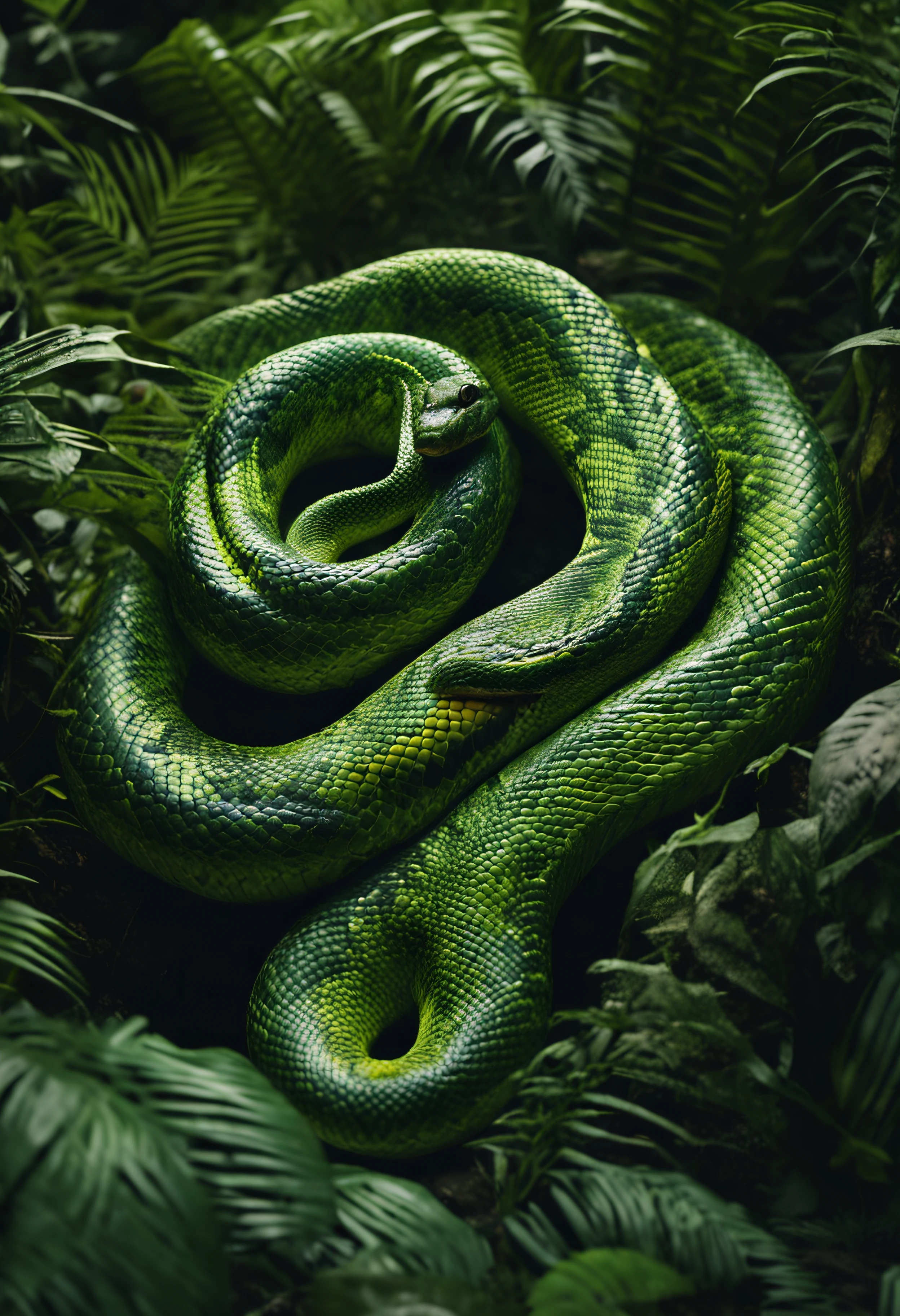 High nation-geographic symmetrical close-up portrait shoot in green jungle of an expressive snake, anamorphic lens, ultra-realistic, hyper-detailed, green-core, jungle-core –ar 16:9 –q 2 –v 5