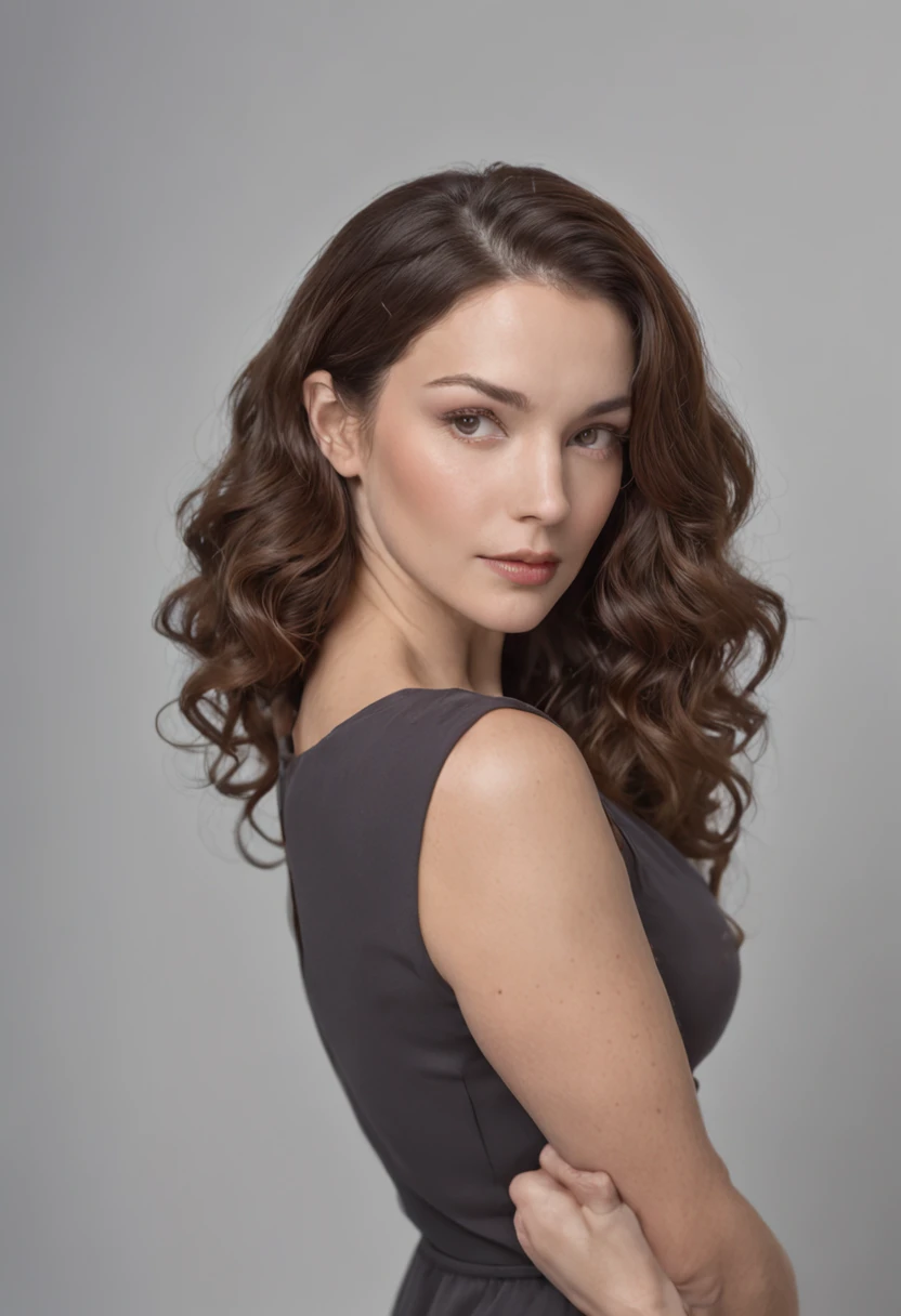 Masterpiece Studio Full-length portrait of a beautiful American woman in her 40s, she is a brunette with curly hair, shy expression, , big breasts, shaved , brown eyes , Front face Professional color grading, soft shadows, no contrast, sharp focus clean, cinematic photography from the film