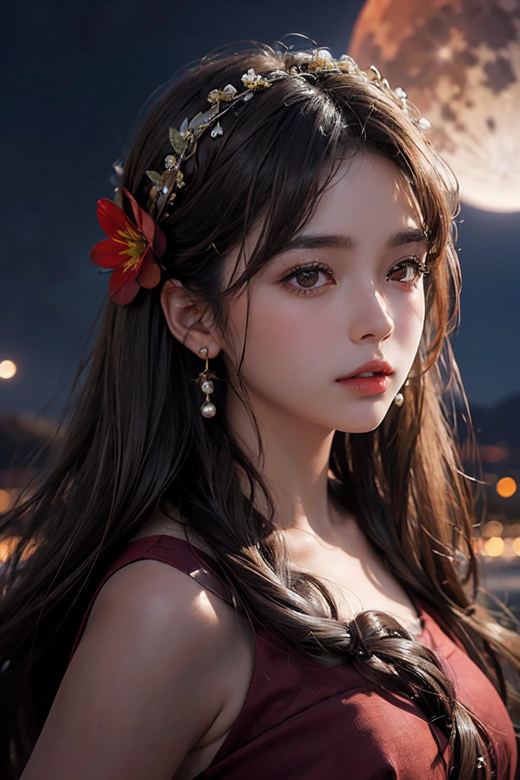 1girl, blurry, blurry_background, brown_eyes, brown_hair, depth_of_field, earrings, flower, full_moon, hair_flower, hair_ornament, lips, looking_at_viewer, moon, moonlight, night, night_sky, outdoors, red_flower, red_moon, sky, solo