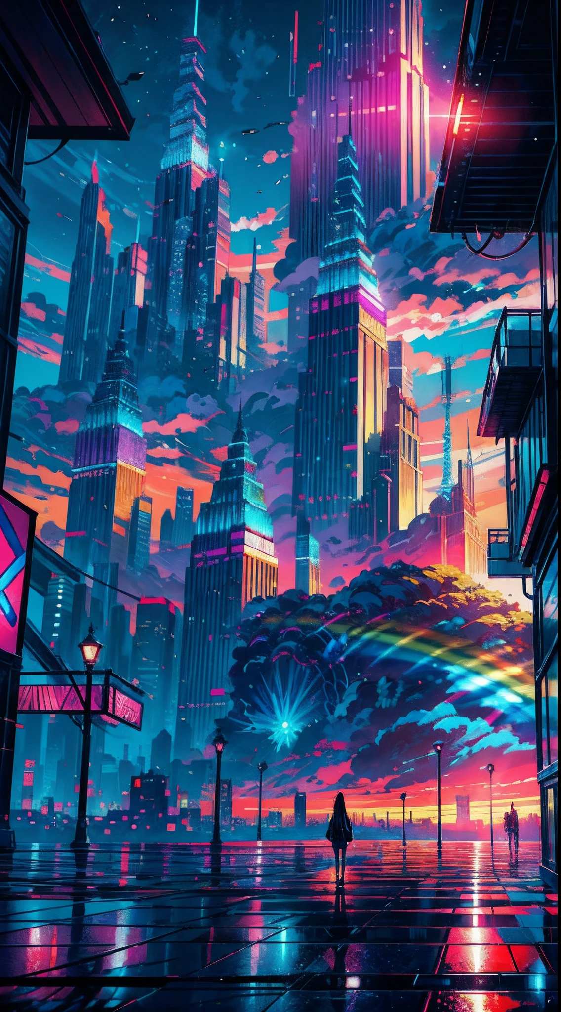 Anime girl standing in big city looking at rainbow sky,Near Future City、 makoto shinkai cyril rolando, anime art wallpaper 4k, anime art wallpaper 4k, Anime art wallpaper 8k, inspired by Cyril Rolando, in the style dan mumford artwork, amazing wallpapers, by Yuumei