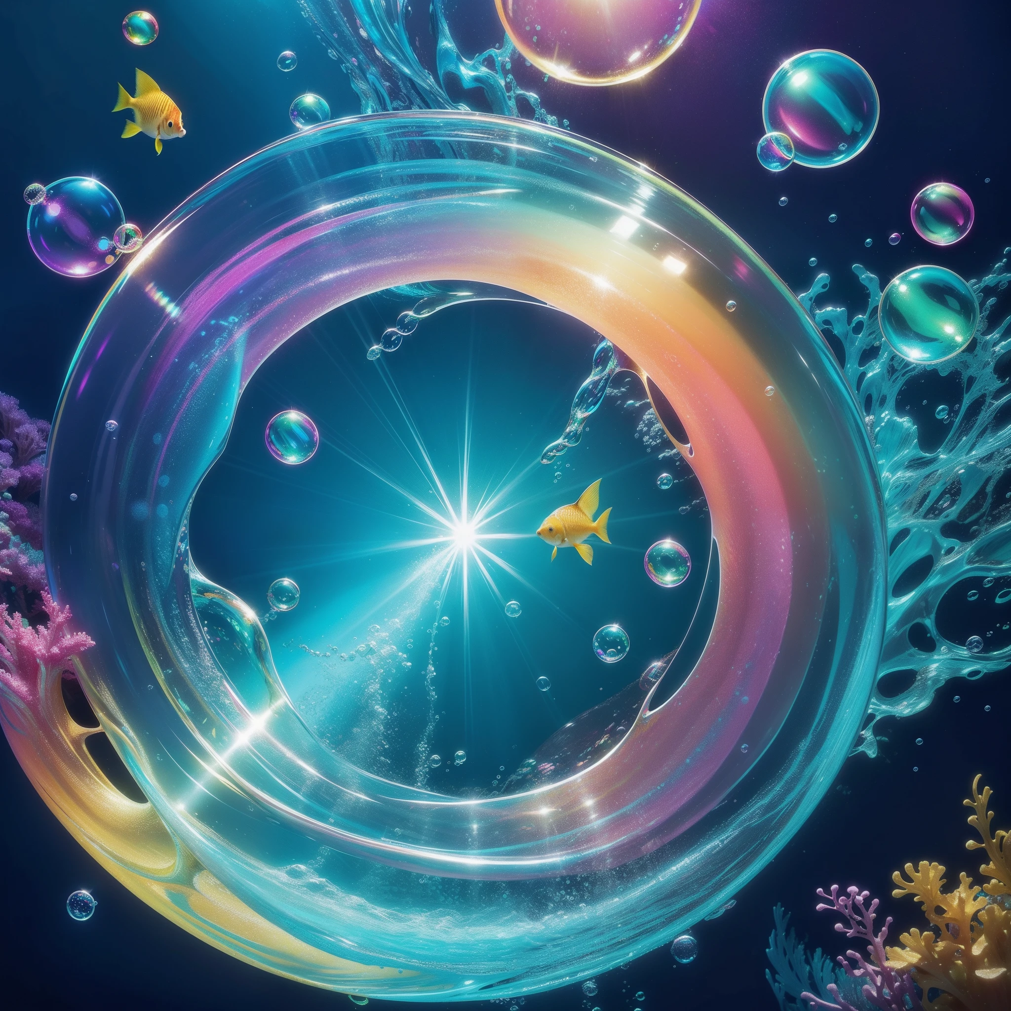 Underwater, colorful and beautiful Small tropical fish pass through a (circle of bubbles, ring of bubbles:1.3). Bright light illuminates the sea. no Human. Detailed drawing. Vivid colors. High image quality. (Best Quality), (masutepiece:1.3), Unity 8K Wallpaper. a beautiful artwork illustration, SIDESHOT,