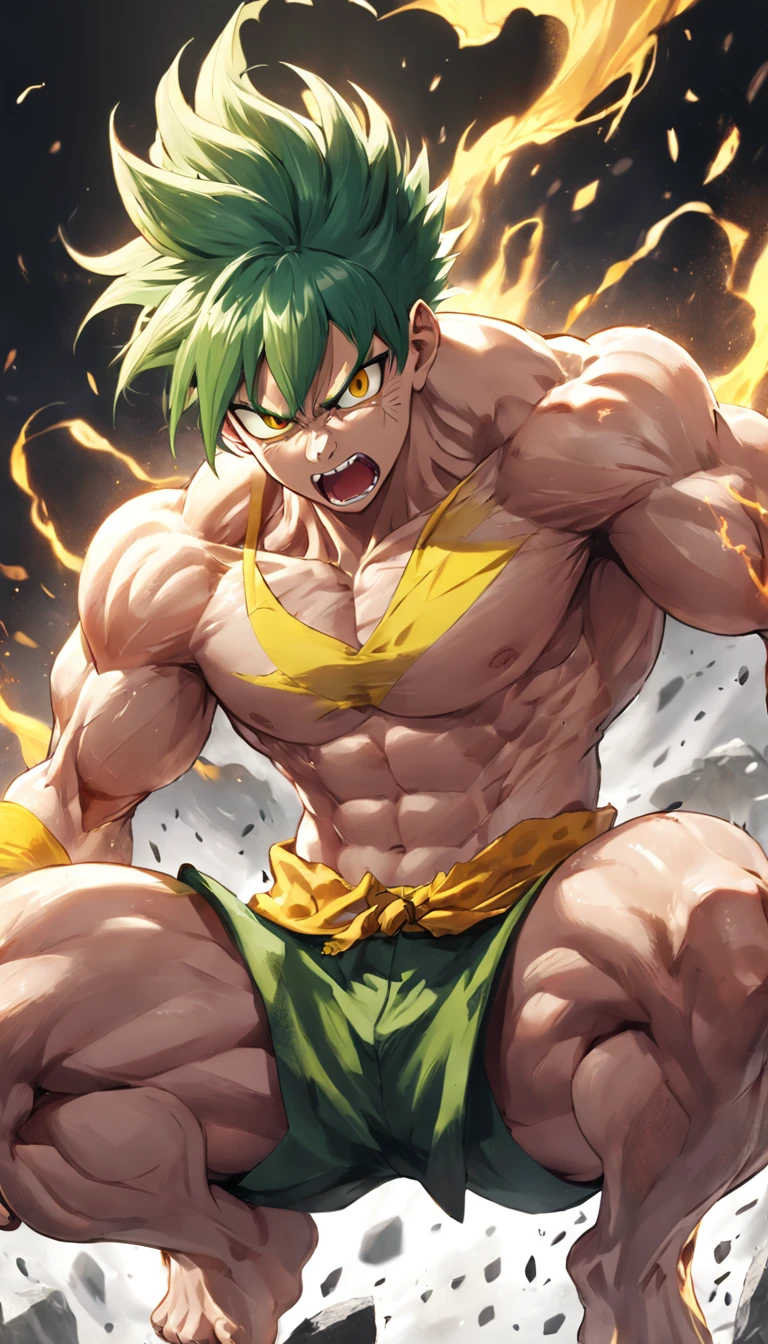 Wukong, full bodyesbian, Green hair, of a shirtless, style of anime, Bright yellow skin, Super muscular, white backgrounid, punching, scream
