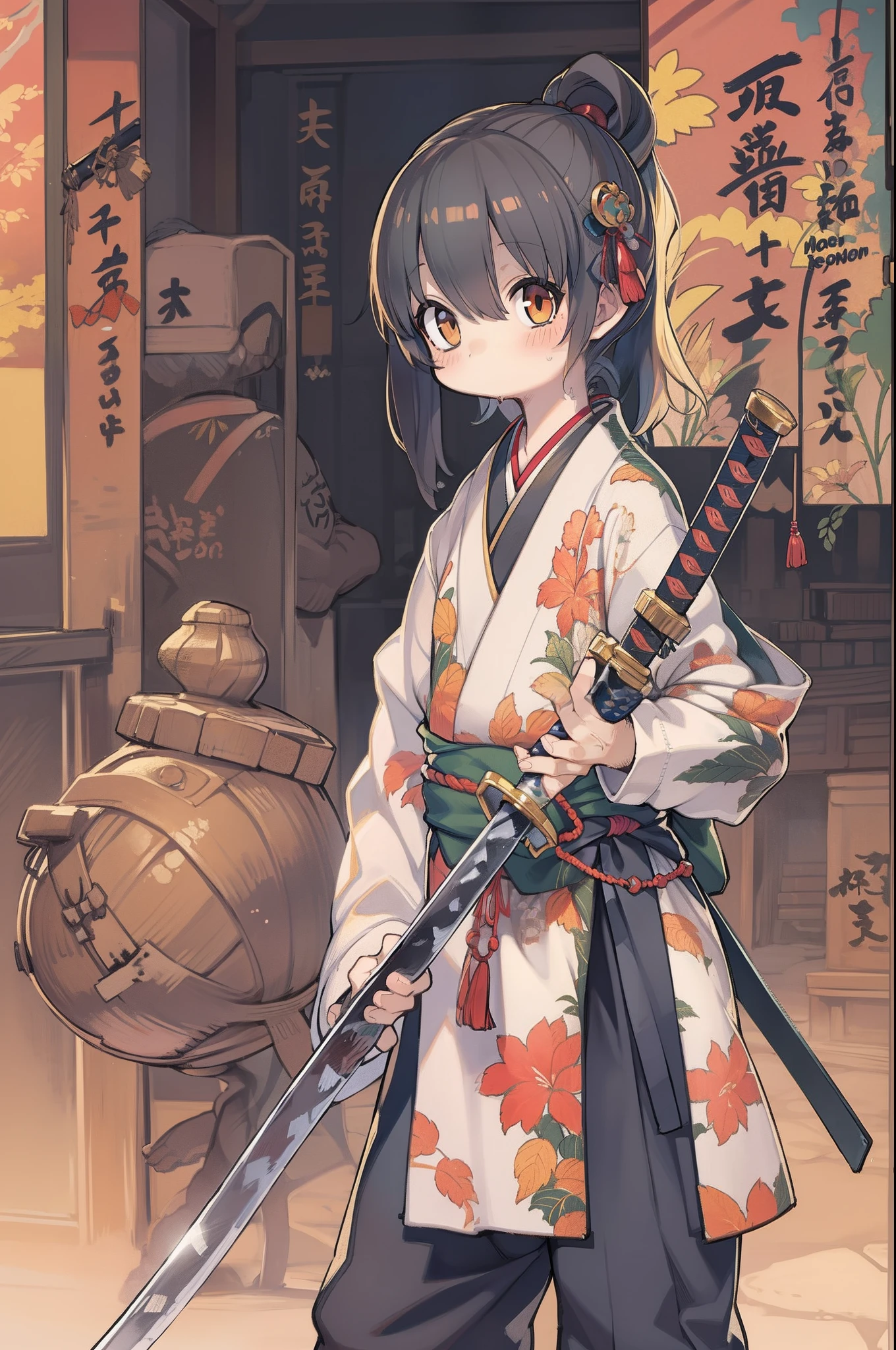 samurais、wielding a katana、Cute 12 years old、Muchimuchi