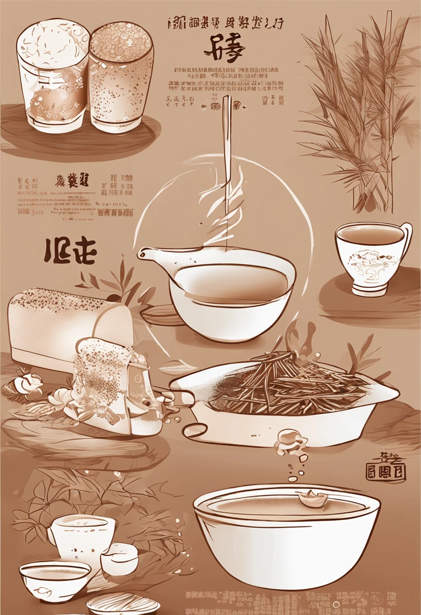 A3 vertical poster。Light brown background,There are subtle pearl dots。The upper left corner of the brine smell comes out of the bamboo steamer,Steam rises。Tall milk tea cup in the lower right corner,Layered colors,There is a straw next to it。From the marinade to the milk tea, pull a starlight curve。Large central letters:“卤味❤️奶茶”。Below:"When tradition meets modernity,A feast for the taste buds is about to begin!"Four-cornered bamboo leaves。