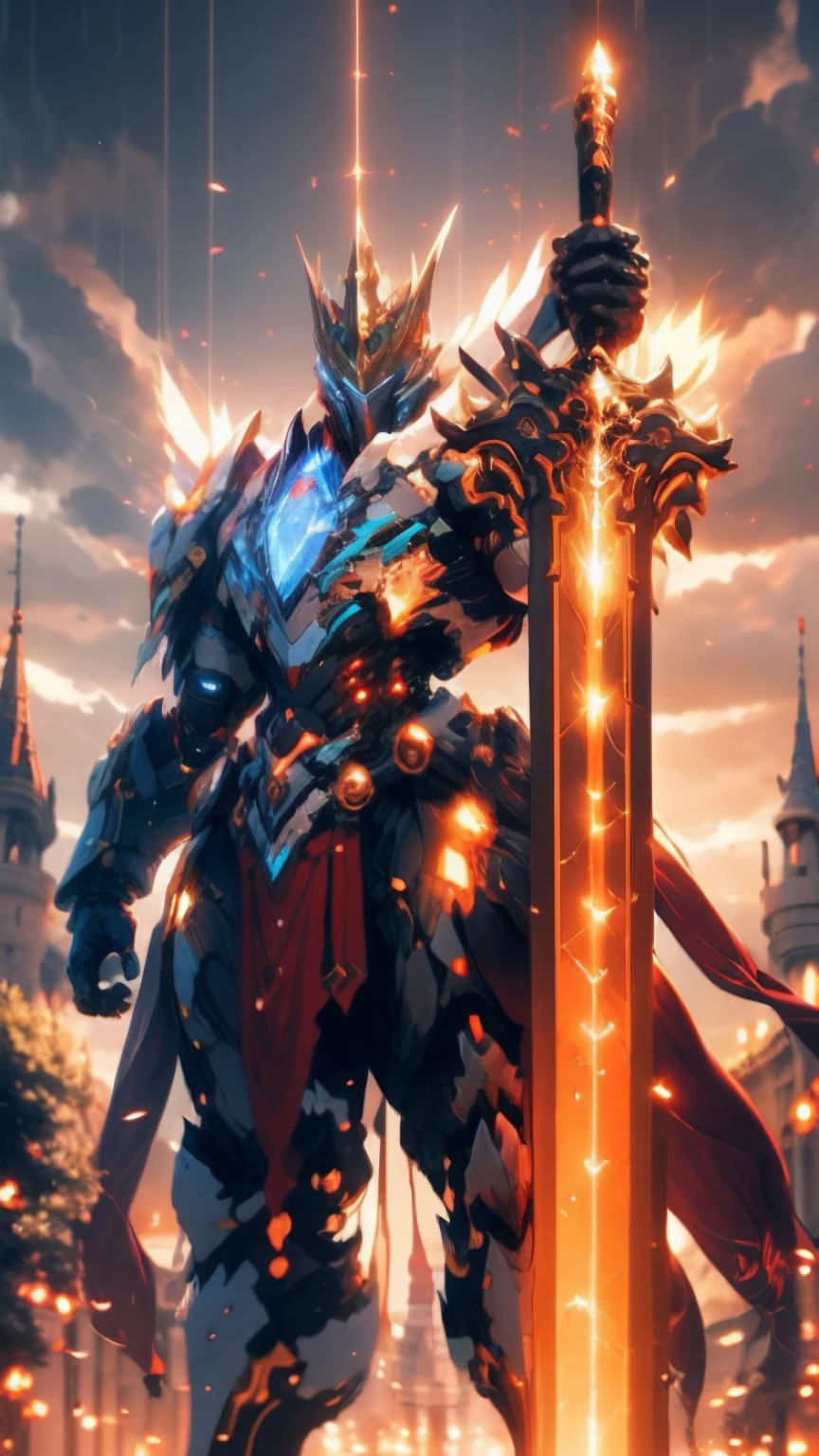 Masterpiece, Cyborg king, epic, holding a giant Lance, Divine power, heavenly, Light infused energy, ultra high quality, , HDR, hyper-detailing, cinematic light,celestial castle, RTX, 8k