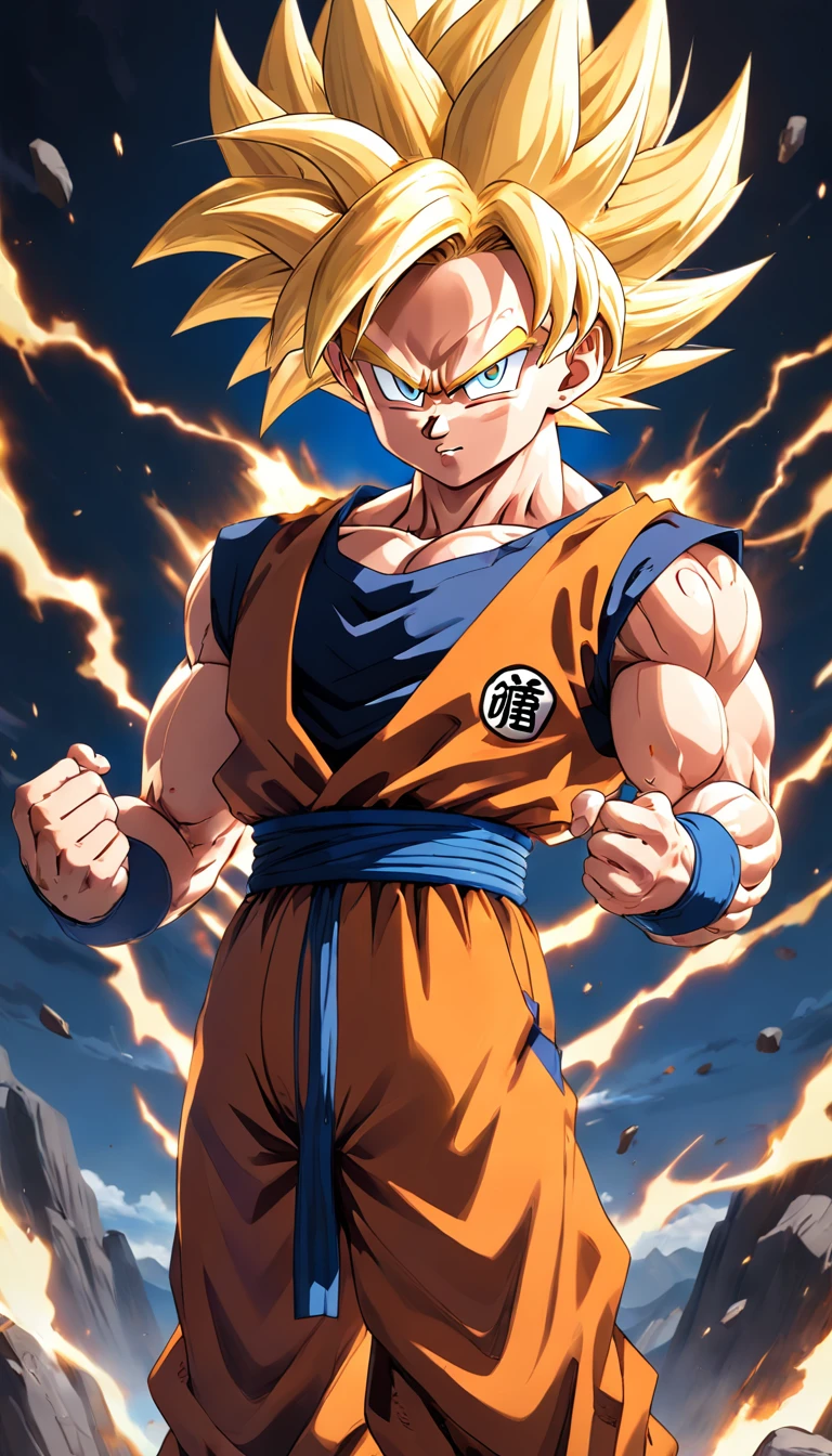 Dragon Ball Goku, full-body portraits, a little realistic, Carefully describe facial features, Escurom style orifundidade de campos, rendering, best qualityer, 8K clear focus on the eyes, Correct anatomy, blond hairbl, Redness of the eyes, Hate skewers, Very angry looking at the ground, combat damage, blond hairbl, blue belt, clench one's teeth, irate, malefocus, Brawny, big muscular male, pectoral, Portate, Solo, pointy hair, Super Saiyan, Super Saiyan 1, teeth, Men topless, torn outfit, bangle, golden hair, blond hairbl