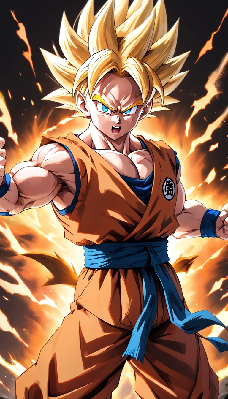 Dragon Ball Goku, full-body portraits, a little realistic, Carefully describe facial features, Escurom style orifundidade de campos, rendering, best qualityer, 8K clear focus on the eyes, Correct anatomy, blond hairbl, Redness of the eyes, Hate skewers, Very angry looking at the ground, combat damage, blond hairbl, blue belt, clench one's teeth, irate, malefocus, Brawny, big muscular male, pectoral, Portate, Solo, pointy hair, Super Saiyan, Super Saiyan 1, teeth, Men topless, torn outfit, bangle, golden hair, blond hairbl