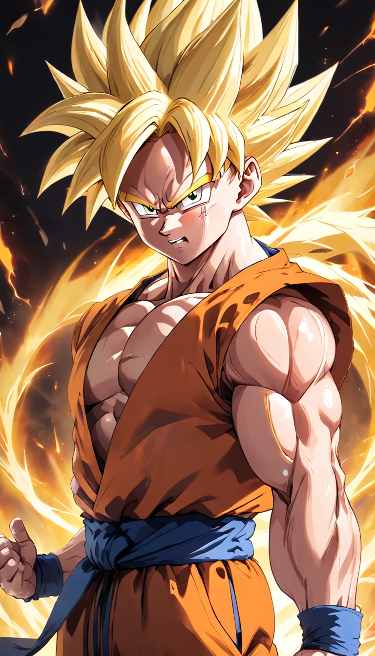 Dragon Ball Goku, full-body portraits, a little realistic, Carefully describe facial features, Escurom style orifundidade de campos, rendering, best qualityer, 8K clear focus on the eyes, Correct ???????, blond hairbl, Redness of the eyes, Hate skewers, Very angry looking at the ground, combat damage, blond hairbl, blue belt, clench one's teeth, irate, malefocus, Brawny, big muscular male, pectoral, Portate, Solo, pointy hair, Super Saiyan, Super Saiyan 1, teeth, Men topless, torn outfit, bangle, golden hair, blond hairbl