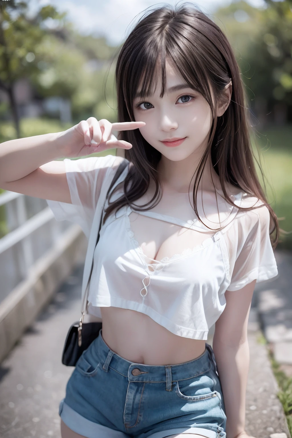 (Raw photography:1.2)、top-quality、Detailed beauty、Beautiful Korean Woman、The most beautiful women in the world、Beautiful sharp face、面長、21years old、A smile、Happy smile、light brown hair、fluffy and voluminous hair、extra detailed face、beatiful detailed eyes、eye line、Nasal nose、a small face、small tits、tiny chest、Road by the sea、lean against the wall、Shooting from a distance、Pointing a finger、open one's legs、Natural sunlight、depth of fields、Blurry background、hight resolution、8k wallpaper、finely detail、Very detailed 8k wallpaper、电影灯光、pretty pose、(photorealisim:1.4)、super detailing、​masterpiece、croptop、Small T-shirt、shortpants、hotpants、Pointing a finger