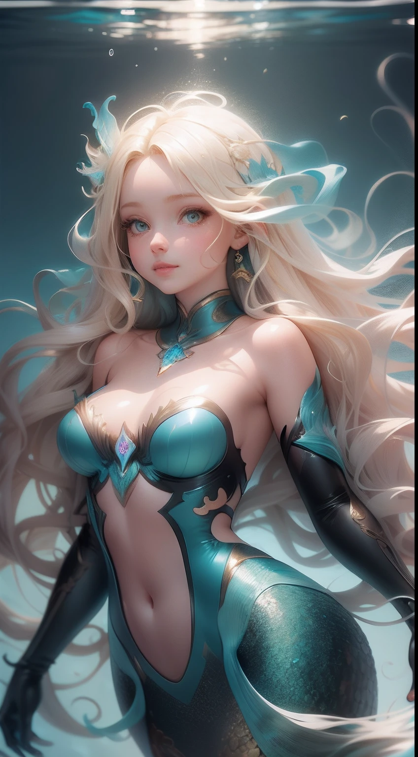 Mermaid swimming underwater. Digital illustration, Beautiful long blonde hair and angelic face, 16k, Ultra-high-quality rendering,