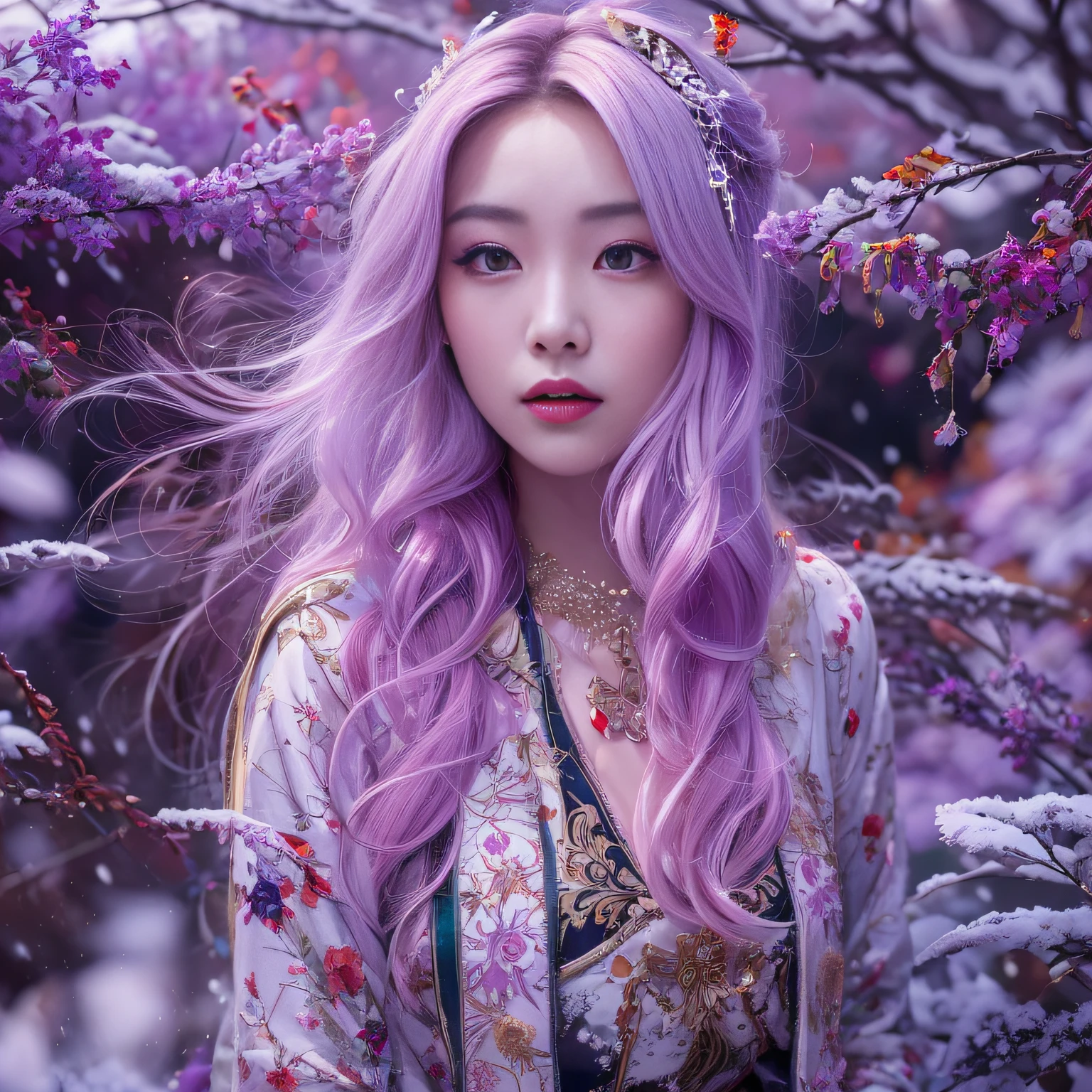 Snow hoop exclusion area 32K（tmasterpiece，k hd，hyper HD，32K）Long flowing purple-pink hair，Autumn Pond，zydink， a color， Tongzhou people （Girl with glowing eyes）， （Thin silk scarf）， Combat posture， looking at the ground， long whitr hair， Floating hair， Python headdress， Chinese long-sleeved clothing， （abstract ink splash：1.2）， white backgrounid，Lotus protector（realisticlying：1.4），Purple-pink hair，Snowflakes fluttering，The background is pure， A high resolution， the detail， RAW photogr， Sharp Re， Nikon D850 Film Stock Photo by Jefferies Lee 4 Kodak Portra 400 Camera F1.6 shots, Rich colors, ultra-realistic vivid textures, Dramatic lighting, Unreal Engine Art Station Trend, cinestir 800，Long flowing purple-pink hair