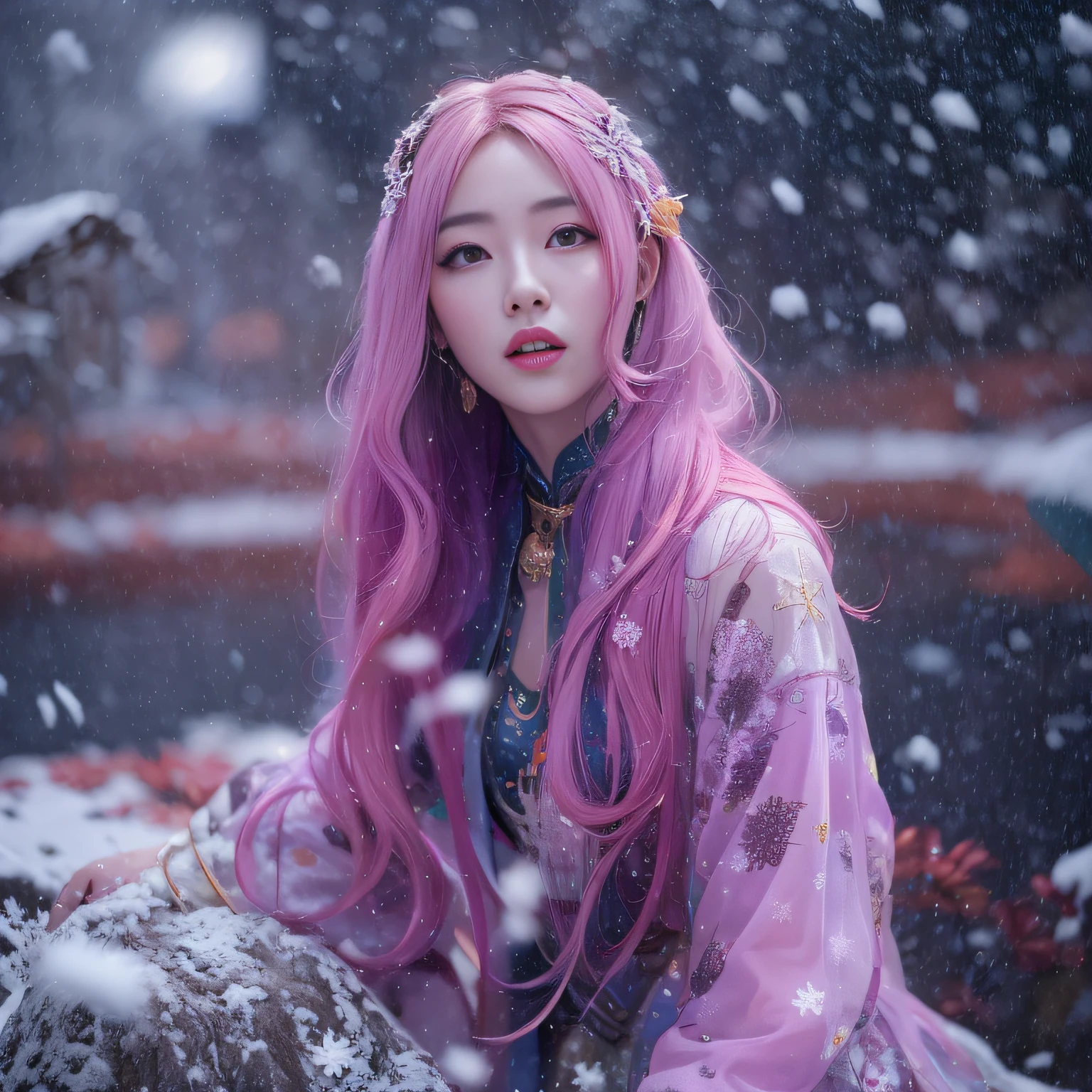 Snow hoop exclusion area 32K(tmasterpiece,k hd,hyper HD,32K)Long flowing purple-pink hair,Autumn Pond,zydink, a color, Tongzhou people (Girl with glowing eyes), (Thin silk scarf), Side squat position, looking at the ground, long whitr hair, Floating hair, Python headdress, Chinese long-sleeved clothing, (abstract ink splash:1.2), white backgrounid,Lotus protector(realisticlying:1.4),Purple-pink hair,Snowflakes fluttering,The background is pure, A high resolution, the detail, RAW photogr, Sharp Re, Nikon D850 Film Stock Photo by Jefferies Lee 4 Kodak Portra 400 Camera F1.6 shots, Rich colors, ultra-realistic vivid textures, Dramatic lighting, Unreal Engine Art Station Trend, cinestir 800,Long flowing purple-pink hair