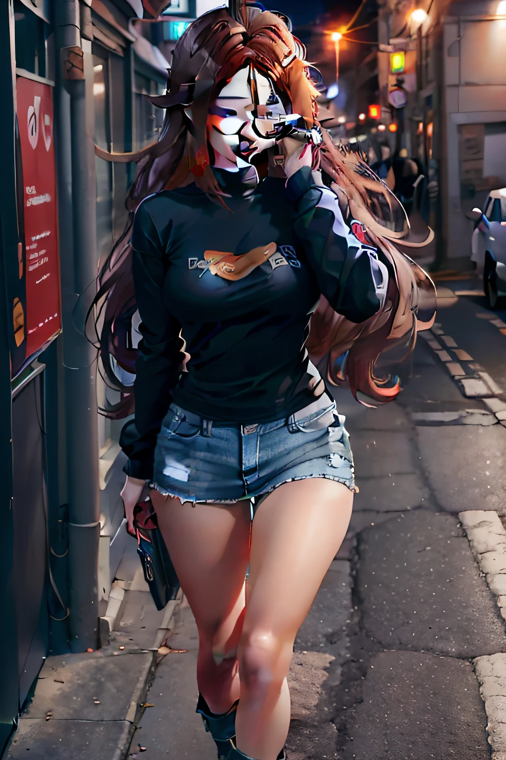 Girl, long brown hair, blue eyes, wearing  Circular earrings, Black medical glasses, wearing black t-shirt with jeans jacket, Jeans short skirt, city, walking, looking at viewer