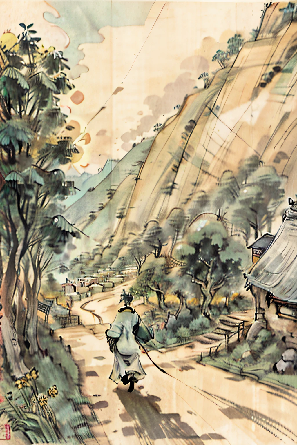 In a peaceful village,and the sun was shining brightly。Tao Yuanming(Herren)Walking down a path with a bookboy,Behind you is a field of greenery and fields。