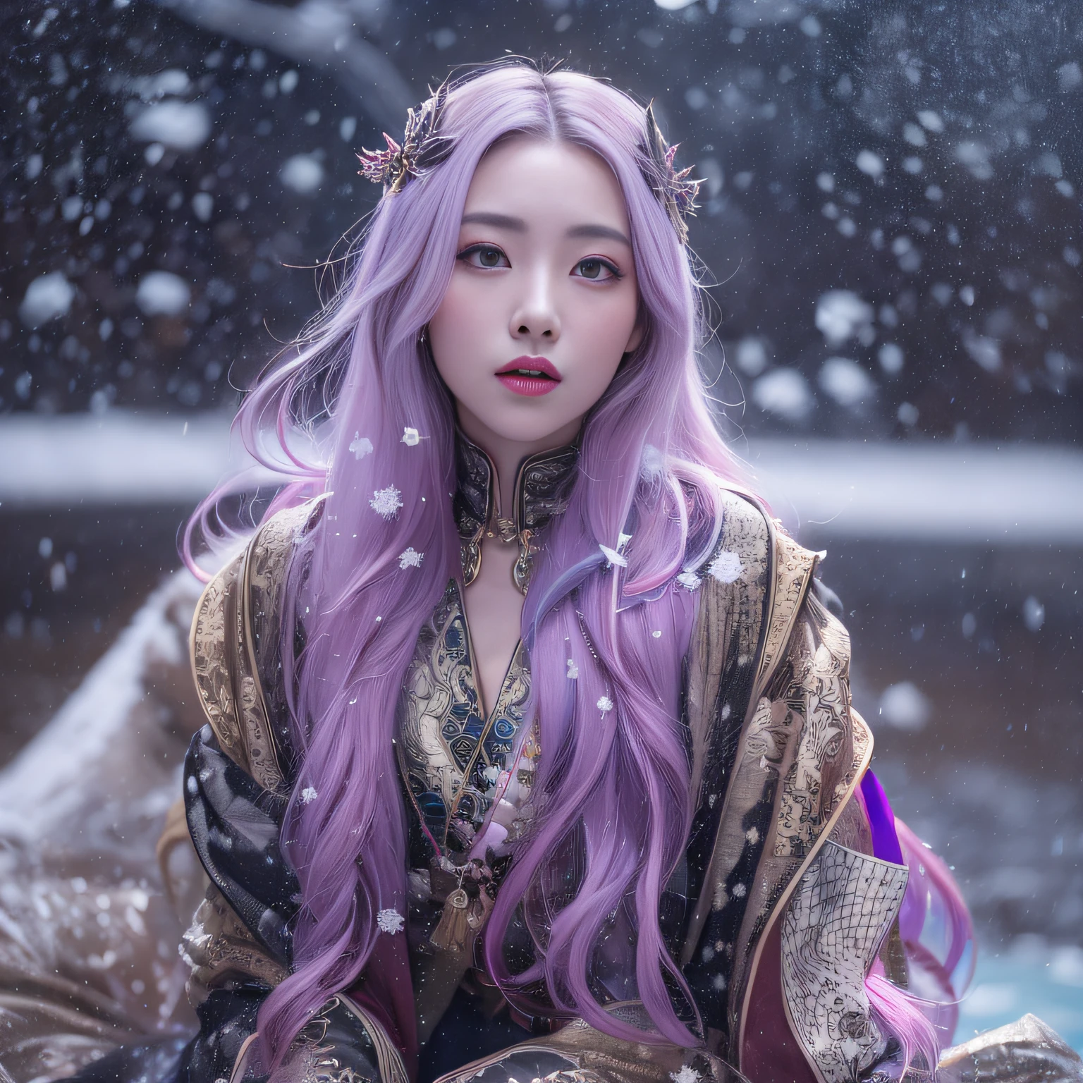 Snow hoop exclusion area 32K（tmasterpiece，k hd，hyper HD，32K）Long flowing purple-pink hair，Autumn Pond，zydink， a color， Tongzhou people （Girl with glowing eyes）， （Thin silk scarf）， Side squat position， looking at the ground， long whitr hair， Floating hair， Python headdress， Chinese long-sleeved clothing， （abstract ink splash：1.2）， white backgrounid，Lotus protector（realisticlying：1.4），Purple-pink hair，Snowflakes fluttering，The background is pure， A high resolution， the detail， RAW photogr， Sharp Re， Nikon D850 Film Stock Photo by Jefferies Lee 4 Kodak Portra 400 Camera F1.6 shots, Rich colors, ultra-realistic vivid textures, Dramatic lighting, Unreal Engine Art Station Trend, cinestir 800，Long flowing purple-pink hair