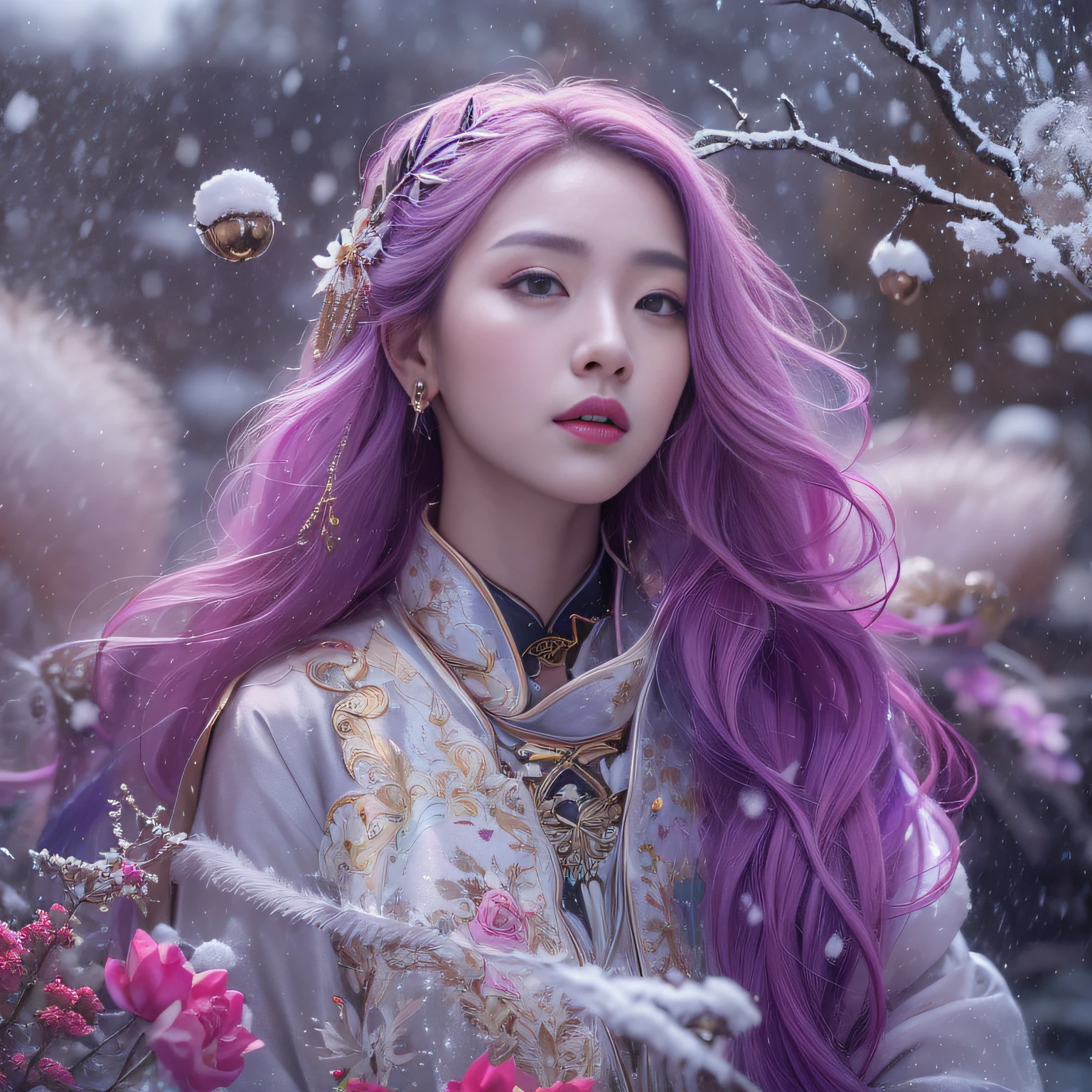 Snow hoop exclusion area 32K(tmasterpiece,k hd,hyper HD,32K)Long flowing purple-pink hair,Autumn Pond,zydink, a color, Tongzhou people (Girl with glowing eyes), (Thin silk scarf), Side squat position, looking at the ground, long whitr hair, Floating hair, Python headdress, Chinese long-sleeved clothing, (abstract ink splash:1.2), white backgrounid,Lotus protector(realisticlying:1.4),Purple-pink hair,Snowflakes fluttering,The background is pure, A high resolution, the detail, RAW photogr, Sharp Re, Nikon D850 Film Stock Photo by Jefferies Lee 4 Kodak Portra 400 Camera F1.6 shots, Rich colors, ultra-realistic vivid textures, Dramatic lighting, Unreal Engine Art Station Trend, cinestir 800,Long flowing purple-pink hair