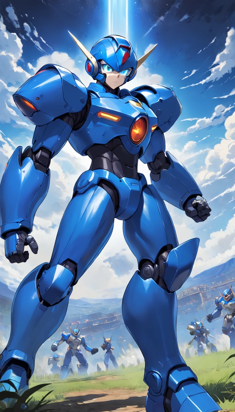 Mega Man X, 7-foot-tall robot, Full blue armor, Full blue helm but open mouth area, Large-size blue boots to the knee, Runs while the view is running, The boom weapon is aimed at the field of view