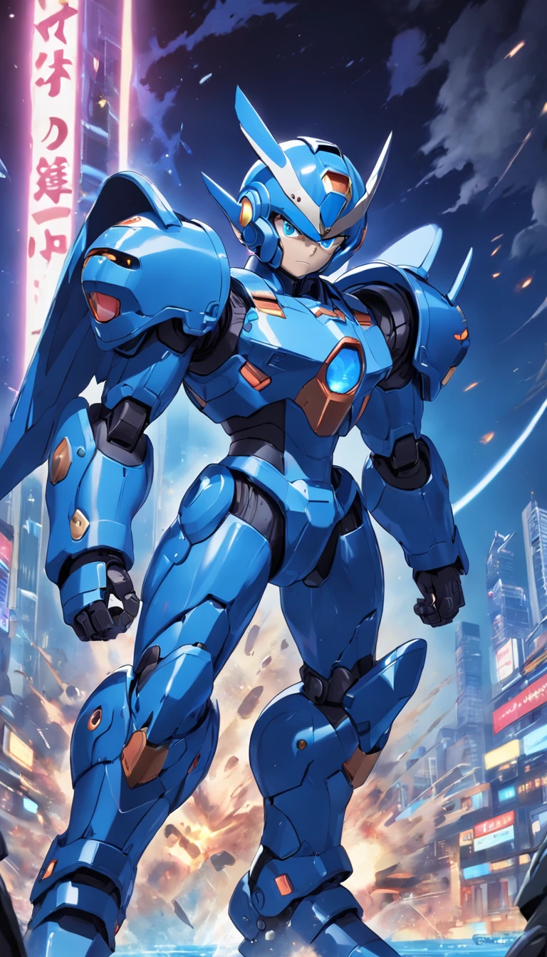 Mega Man X, 7-foot-tall robot, Full blue armor, Full blue helm but open mouth area, Large-size blue boots to the knee, Runs while the view is running, The boom weapon is aimed at the field of view