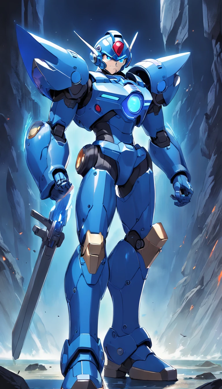 Mega Man X, 7-foot-tall robot, Full blue armor, Full blue helm but open mouth area, Large-size blue boots to the knee, Runs while the view is running, The boom weapon is aimed at the field of view