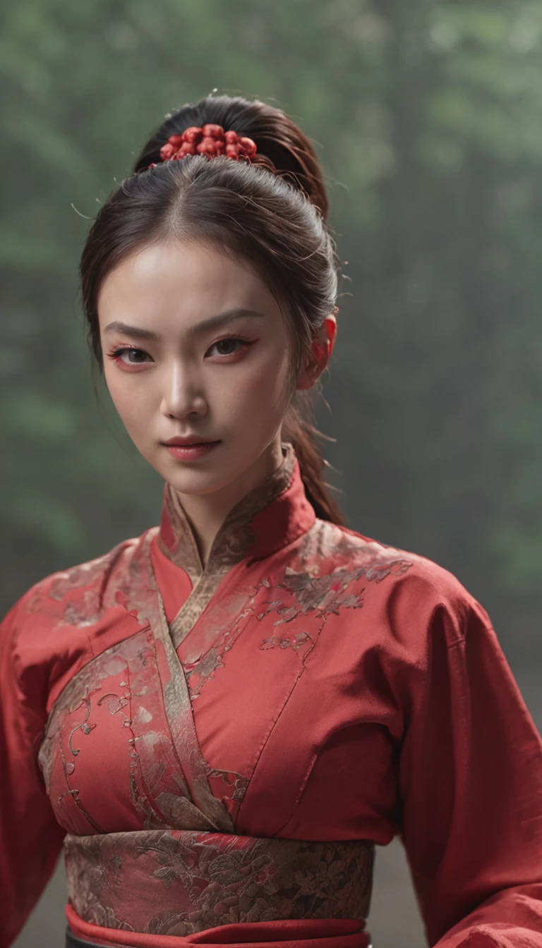 Self-portrait of a woman, Master parts, extremely detaile, best qualityer, Pair it with kung fu outfits, (((Use a facial eye protection mask))), Red mask, extremely detaile, as Sasha Street. (8K, SuperiorQuality, best qualityer, tmasterpiece, highly  detailed: 1.2), (((Low-arm posture, Both hands are lowered)))