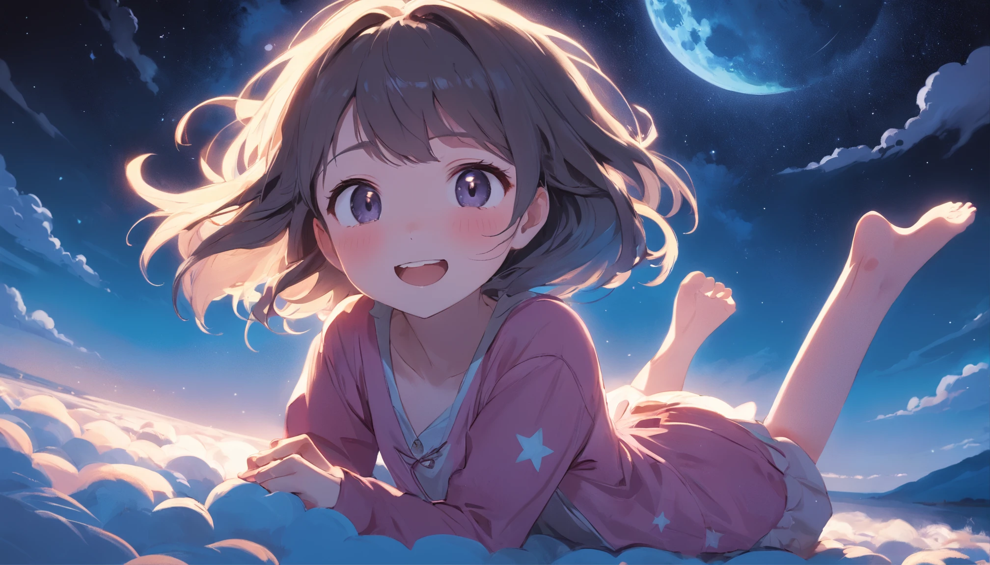 masterpiece, best quality, movie still, 1girl, cloud girl, floating in the sky, close-up, bright, happy, warm soft lighting, starry moonlit night, (sparks:0.7)