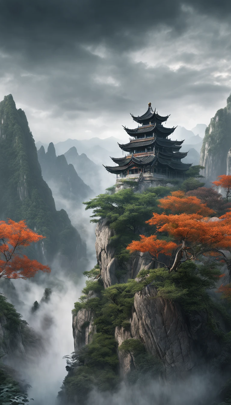 Chinese style,Chinese landscape of waterfalls, trees and bushes, Temple in the Mountains, Arched doorway, Towering mountains, Clouds surround, Ethereal and otherworldly atmosphere, dragoncore, CG, overcast day, Deep indigo and gray
