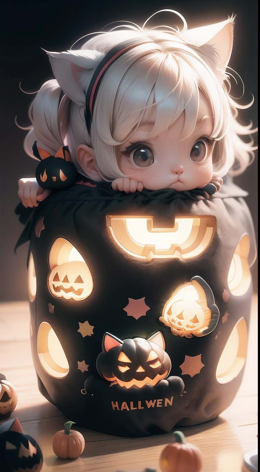 Illustration kawaii kitten playing with little pumpkin , Halloween, Side view, Sticker, Clean white background, Professional vector, High detail, T-shirt design, scribbles, vibrant, Stylized stickers