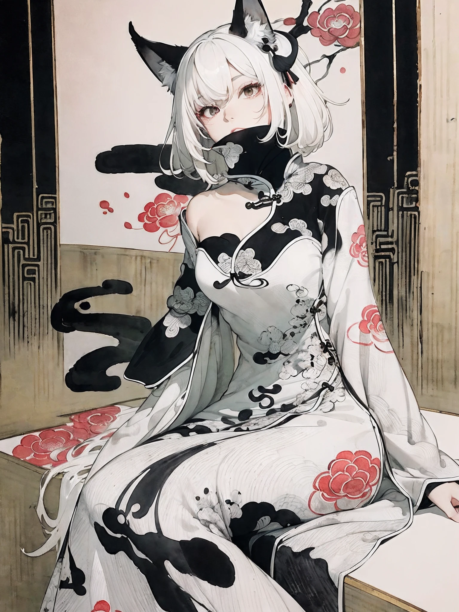 ((8K,​masterpiece、top-quality))、((Traditional Chinese Ink Painting:1.4)),lotuses,((qipao dress:1.3)),Dress conservatively ,独奏、white  hair、fox ear、blanche,looking at viewert