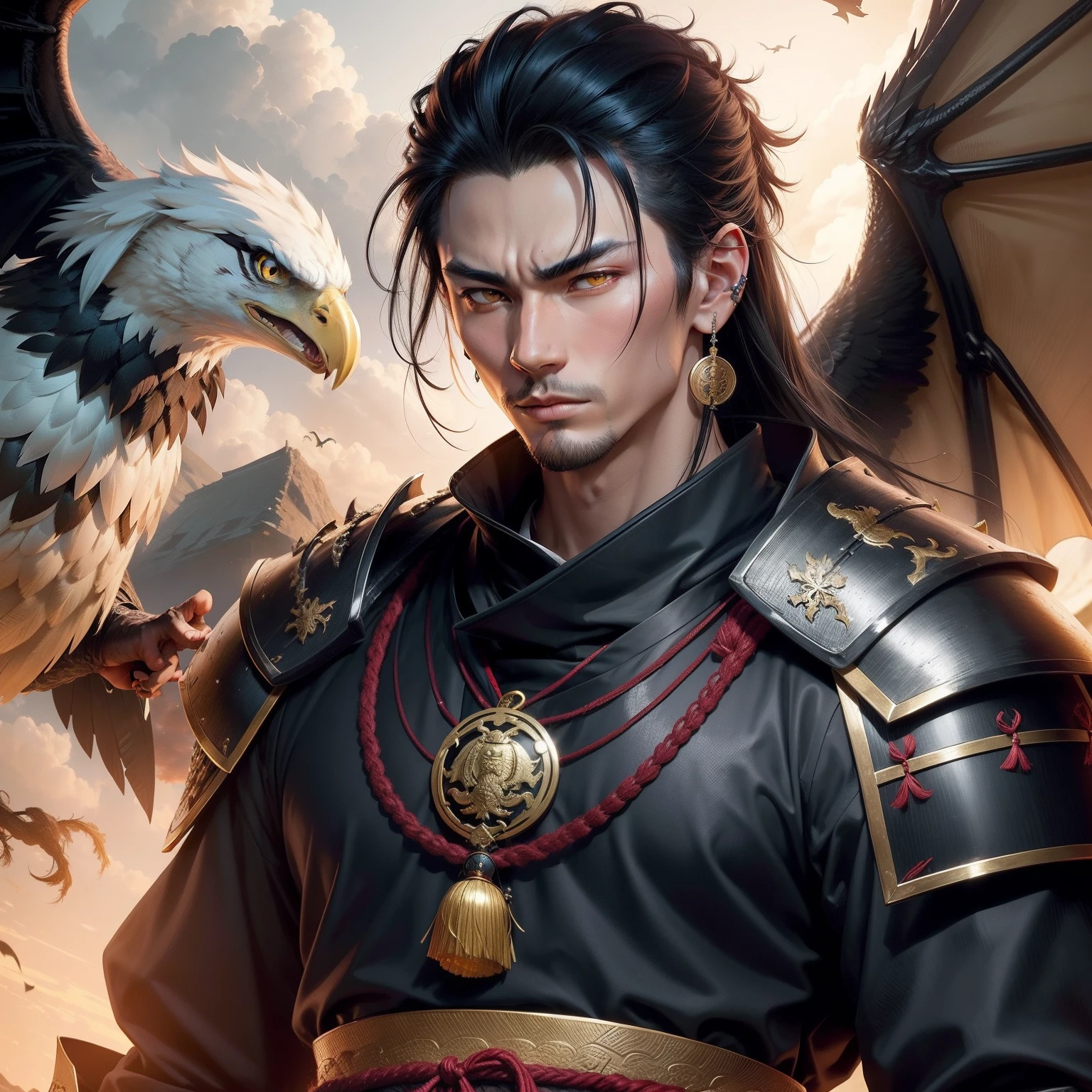 A man dressed in samurai armor, on the neck of which you can see a medallion in the form of an eagle. On his ears are earrings in the form of a dragon. His eyes are yellow, His hair is black.