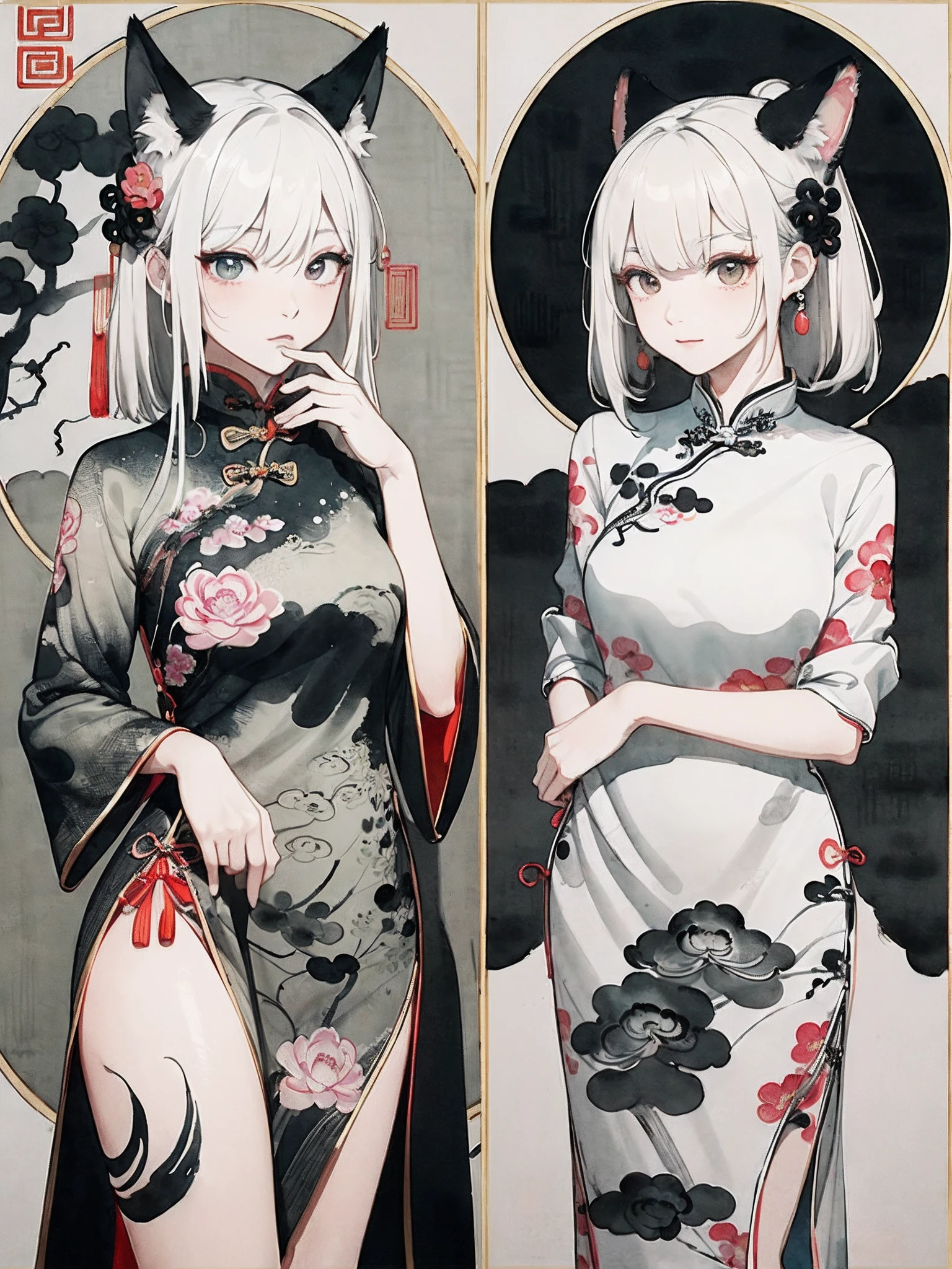 ((8K,masterpiece、top-quality))、((Traditional Chinese Ink Painting:1.4)),lotuses,((qipao dress:1.3)),Dress conservatively ,独奏、white hair、fox ear、blanche,looking at viewert