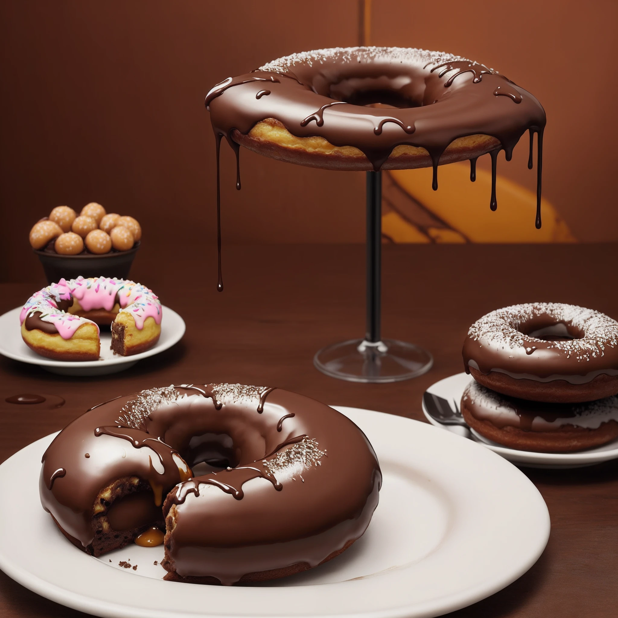 there is a chocolate covered donut on a plate on a table, blender donut, donut, made of glazed, blender donut tutorial, glazed, the mighty donut, eating a donut, chocolate, yummy, super realistic food picture, pastry, caramel, by Etienne Delessert, !!highly detalied, gooey, glaze, high quality food photography, cake