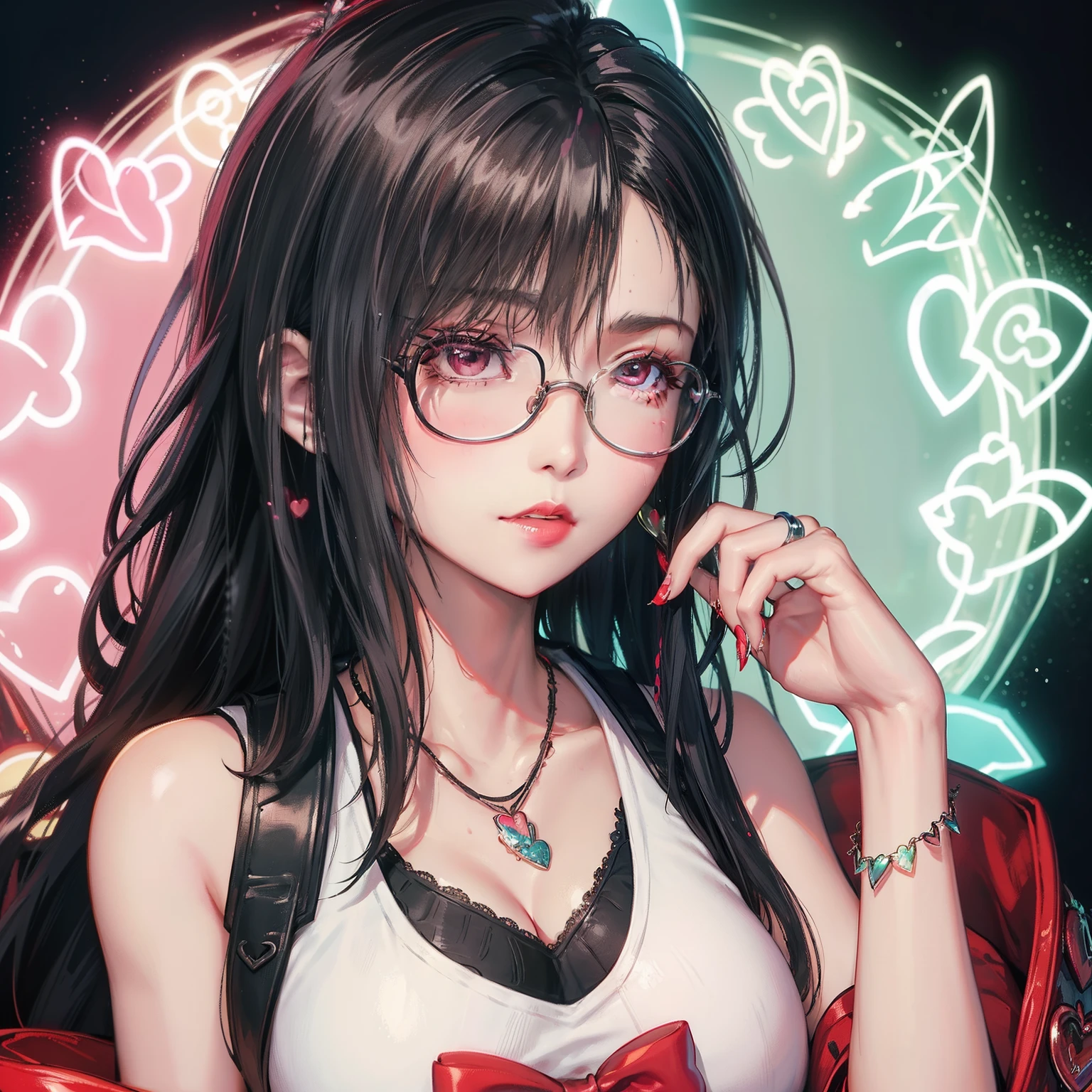 There is a woman with glasses and a necklace with a heart, inspired by Elsa Bleda, Wear prescription glasses, thick glasses, Long wet hair dripping, with square glasses, thick and red lips, solo portrait 🎨🖌️,Hong Kong Style
