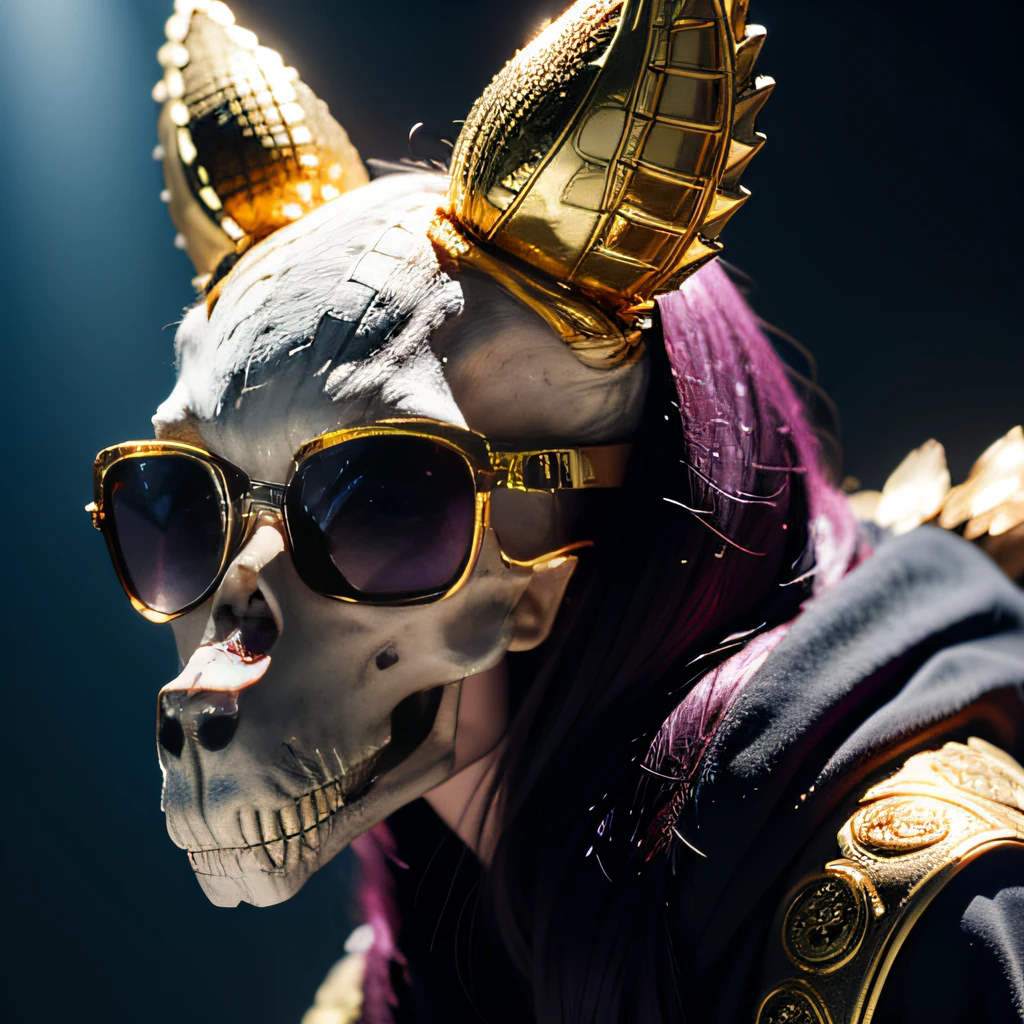 On a snowy morning,32K(tmasterpiece,k hd,hyper HD,32K)Purple-pink double ponytail,flower stick,Indigo Skull King ,Mahogany steering wheel (The skeleton is realistic:1.4),Crocodile pattern robe,Rusty skull ornaments,Sargin linen cloak,Petals flutter,Deep gold sunglasses,Hold your head high,Be proud,The nostrils look at people,A and secondah resolution,Xueba, the detail, RAW photogr, Sharp Re, Nikon D850 Film Stock Photo by Jefferies Lee 4 Kodak Portra 400 Camera F1.6 shots, Rich colors, ultra-realistic vivid textures, Dramatic lighting, Unreal Engine Art Station Trend, cinestir 800,Hold your head high,Lateral face,Be proud,The nostrils look at people,Tsundere,Petals flutter,Petals flutter,Crocodiles sprinkled with gold dust,Fluttering,Impeccable,( reasonable design, Clear lines, High sharpness,Best quality, Very detailed skeleton, The skeleton of a masterpiece, offcial art, movie light effect, 8K crocodile skeleton(((Platinum marble sunglasses)))Deep gold sunglasses,side portrait