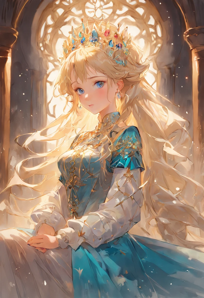 A woman sits in a huge makeup case，hold a flower, princess portrait, Guviz-style artwork, blond-haired princess, portrait of princess, Guviz, kazakh empress, portrait of a princess, portrait of princess zelda, in the art style of bowater, Baroque fluffy skirt，Fantasy art style, beautiful fantasy maiden，Exquisite and perfect facial features，美丽细致的眼睛，long eyelasher，Delicate eyeliner，Blue eyes，Dark pupils，There are bright spots in the eyes，almond eyes，Beautiful lip details，8K high-definition，anatomy correct，Oil painting thick painting style