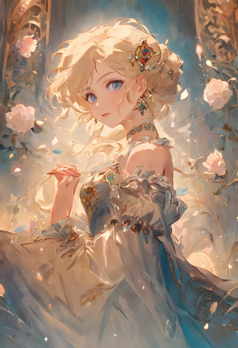 A woman sits in a huge makeup case,hold a flower, princess portrait, Guviz-style artwork, blond-haired princess, portrait of princess, Guviz, kazakh empress, portrait of a princess, portrait of princess zelda, in the art style of bowater, Baroque fluffy skirt,Fantasy art style, beautiful fantasy maiden,Exquisite and perfect facial features,美丽细致的眼睛,long eyelasher,Delicate eyeliner,Blue eyes,Dark pupils,There are bright spots in the eyes,almond eyes,Beautiful lip details,8K high-definition,anatomy correct,Oil painting thick painting style
