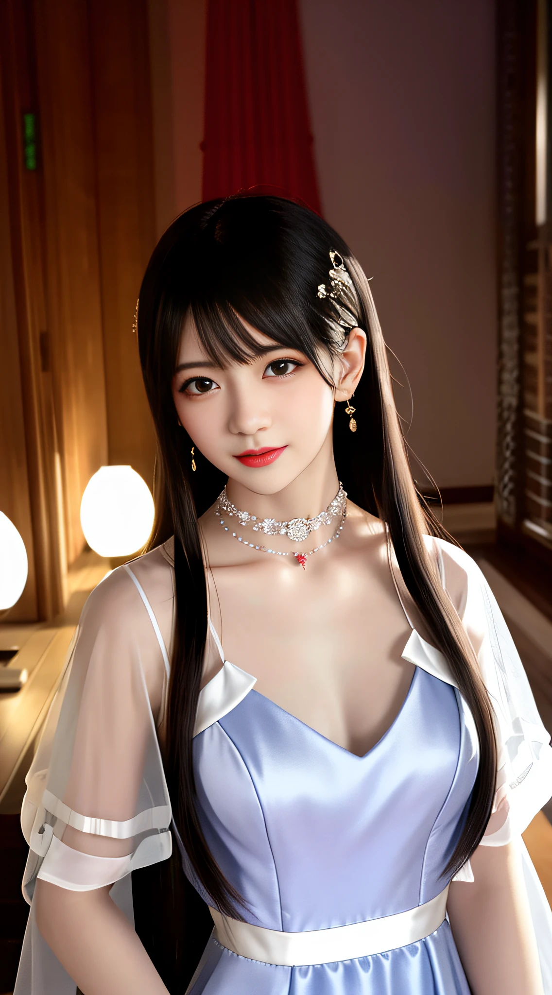 Best quality at best，tmasterpiece，A high resolution，1girll，Clear red silk porcelain dress，beautiful  face，hair adornments，looking at viewert，ssmile，closing the mouth，cparted lips，shift dresses，hair adornments，choker necklace，jewely，long whitr hair，耳Nipple Ring，beautiful  face，upon body，Dingdall effect，真实感，Dark Studio，edge lit，twotonelighting，（highdetailskin：1.2），8K  UHD，digital SLR camera，softlighting，high qulity，Volumetriclighting，sneak shot，photore，A high resolution，4K，8K，Background bokeh