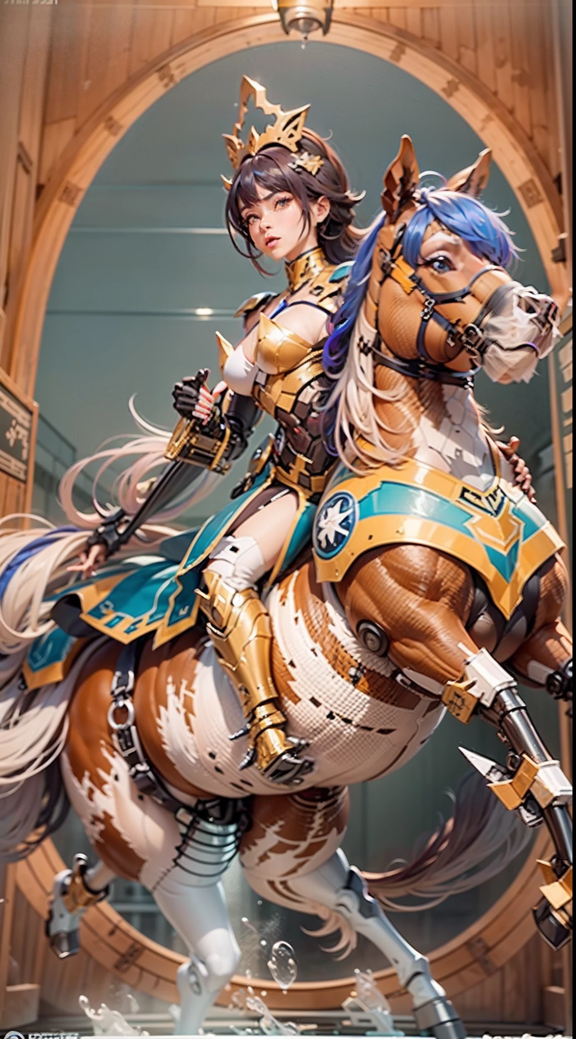 （A female centaur：1.5），She is both（Female: Centaur, half human, half horse, half horse, half horse：1.5），It is also a female Yingzhao。She blends both images，The first is：（（The head of the horse/neck/Shoulder these parts，Replaced with a beautiful female human upper body）：9.9），'s（Female, half-centaur, half-human, half-horse, half-human：1.5），The second is：（（The head of the horse/neck/lower back/hason/gluteal/Shijo Thigh Female Embodiment）：9.9），'s（Seamless chimera of a female half-horse with a beauty：9.9），（It's like a chimera of a female human and a half-horse costume：9.9），This chimerism is based on a strong future（Technologie：1.5）above。The ultra-wide-angle lens captures the image of her beautiful and ethereal wings on the ionosphere launching a super-high-speed charge and leaping。Her front half is distinctly feminine，Tall sexy body，possessed（K cup giant coconut tit chest：9.9），Has（Narrowed small brute waist 5.5）、Butterfly cross、（Long legs：9.9），The embedded interface of the bent female metamorphosis part of the back half of the body is at the hip position of the front half of the body。（The horse-shaped, half-horse torso form of her back body is completely female humanization9.9）。Translucent fluid flowing from the（Narrowed sternum 5.5）The upper end begins to embed the chest cavity of a woman in the shape of a bent dog style at the back of the beautiful woman's body/lower back/Ventral transverse。Then there are the sexy beauty's upright hips，（Her entire body has been completely female and replaced by a female body：9.9），Including the half-horse part。Mechanized armor covers the legs with knee-shaped anti-joints and feet，And these parts are highly anthropomorphic，This makes her legs graceful and slender，Her four horse legs exploded in length proportions and was slender and toned，Under the legs are skinny white feet dressed in Skyscraper Heels，Use Midjourney's advanced stroke tools and color palettes, as well as texture packs, model packs, and texture tools，Concentration，Include