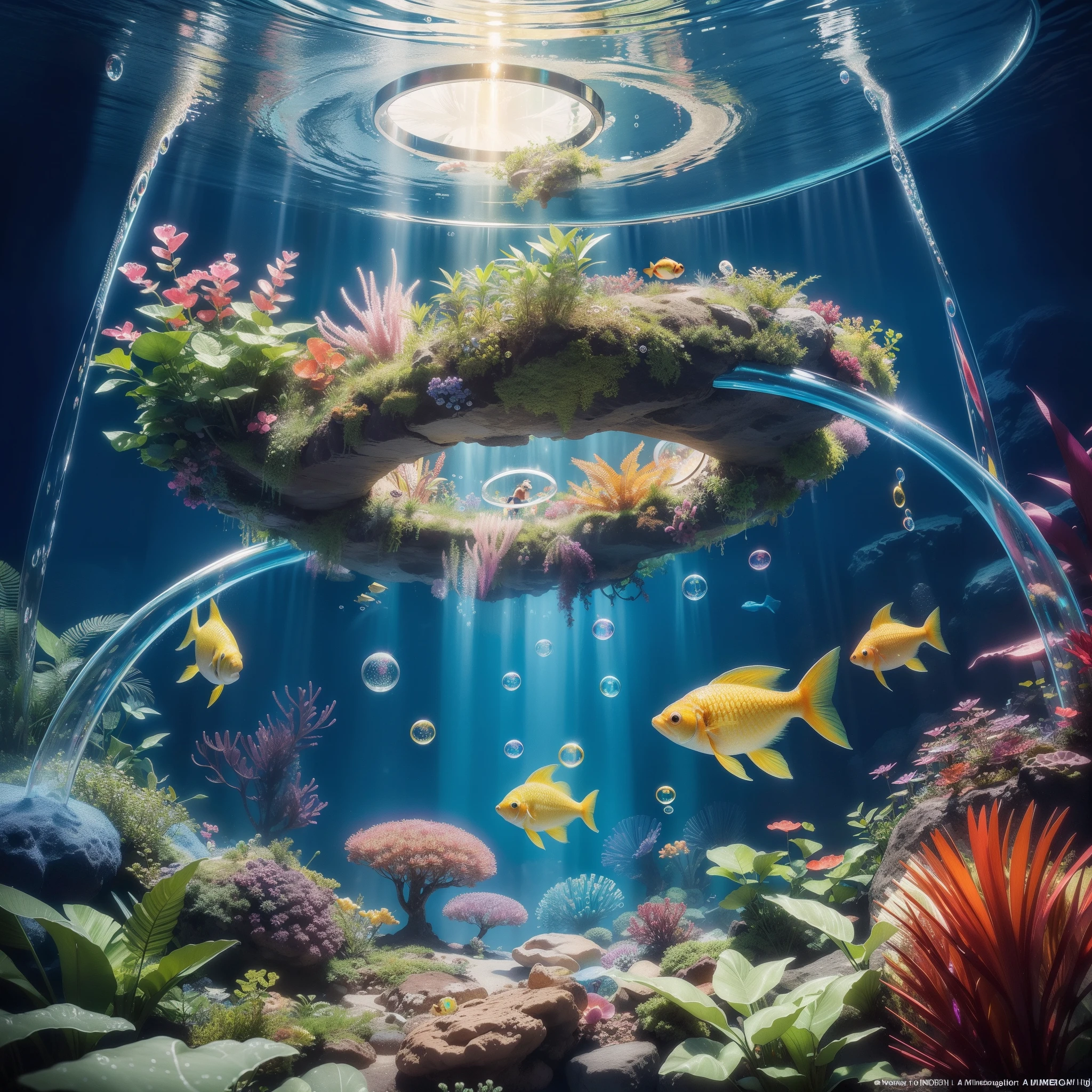 Ring-shaped aquarium, colorful and beautiful Small tropical fish pass through a (ring of bubbles:1.3). Bright light illuminates. no Human. Detailed drawing. Vivid colors. High image quality. (Best Quality), (masutepiece:1.3), Unity 8K Wallpaper. a beautiful artwork illustration, SIDESHOT,