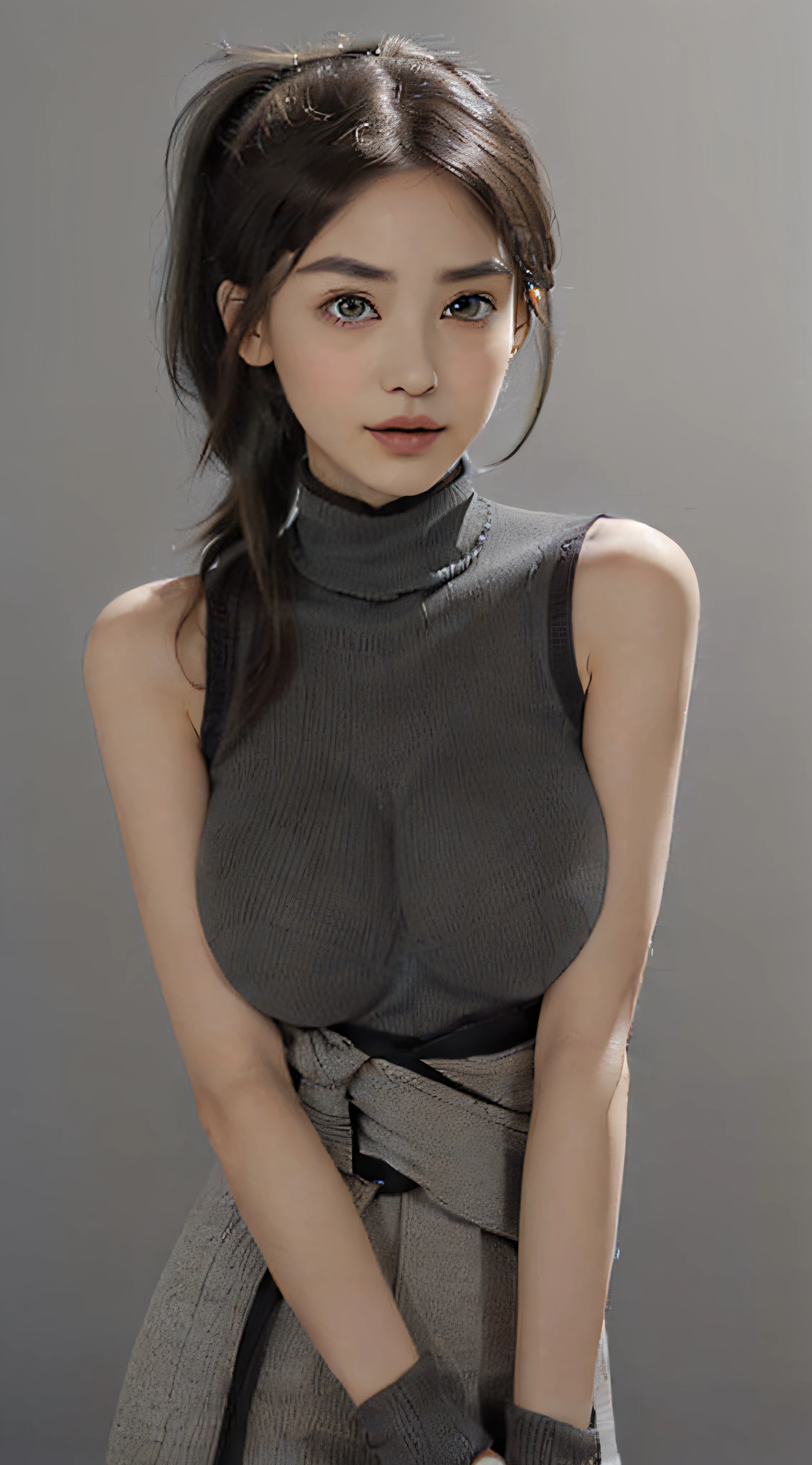 top-quality, Drawn details, (Put your face in, from waist up:2), masterpiece, 超A high resolution, (Realistic:1.4), Raw photo, (fair and clean skin:1.8), (Beautiful:1.5) (smaller head:1.3),(Small face:1.5), (with round face:1.7), (Beautiful fece, beautiful countenance:1.7), (big eye:1.5), (Pleasure:1.5), (smile:1.15), cute little, (Brown long Ponytail hair, Soft hair quality:1.8), (fine eyebrows:2),(thin eyebrows:2),(1人の女性, solo:1.5), (firm breasts, Huge breasts:2.3), (A slender:1.7), (thin waist, Thin arms, Thin leg, thin neck, thin shoulders:1.8), (Turtleneck, summer knit, Gray:2), (a choker, Black:1.5) BREAK (deep in the night:1.8), (Simple gradation Background, gray color:1.9), (flat lighting, Soft light:1.5), (flawless face:1.8)