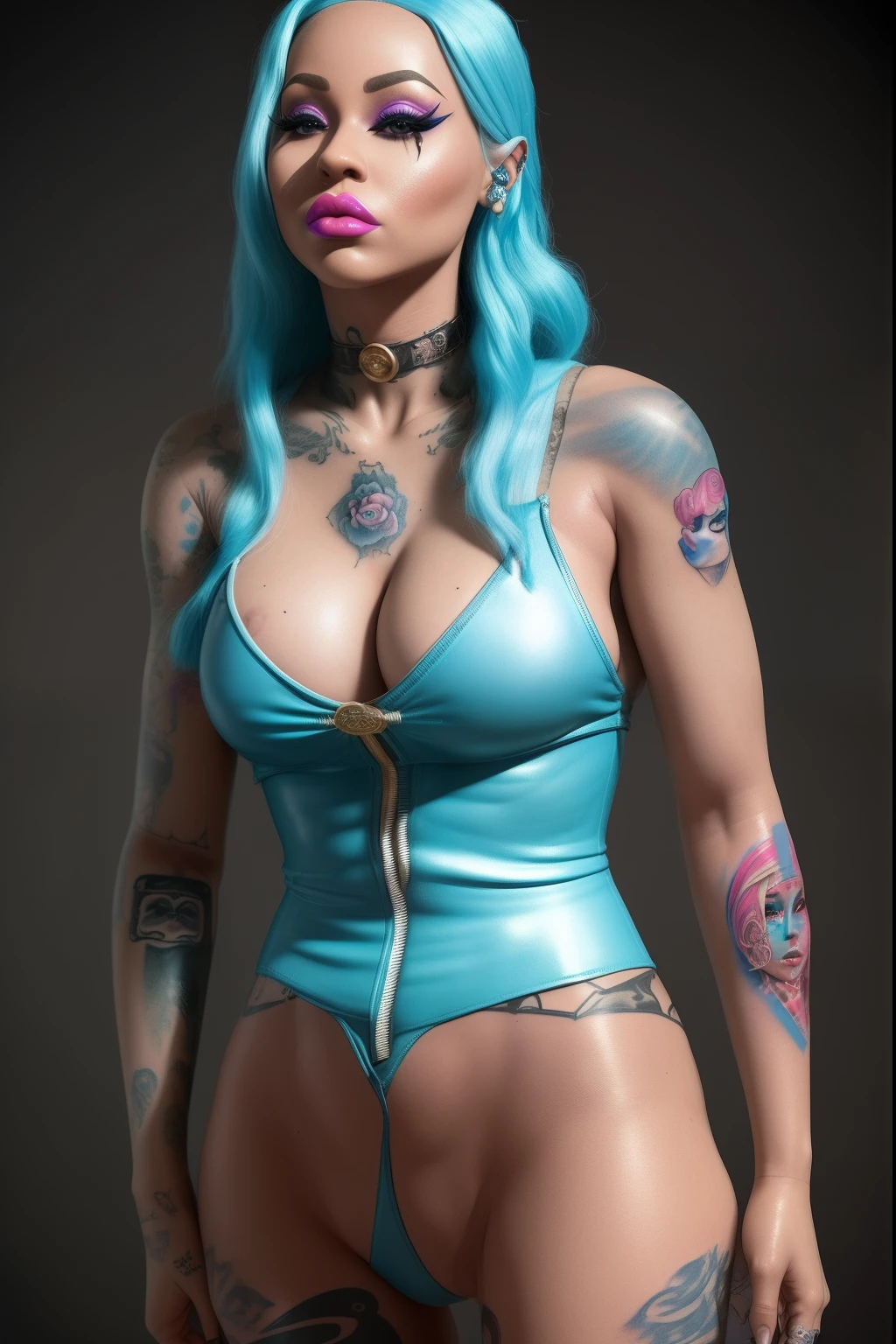 Anatomically Incorrect barby doll, a woman with blue hair and tattoos is posing for a picture, doja cat, ava max, chrome bodysuit, tattooed body, inked, tattooed, fully tattooed body, cyberpunk bodysuit, bodysuit, metallic cyan bodysuit, nicki minaj curvy, tight outfit, sexy body, tattoos all over the skin, kylie jenner, the super hot and sexy, very sexy