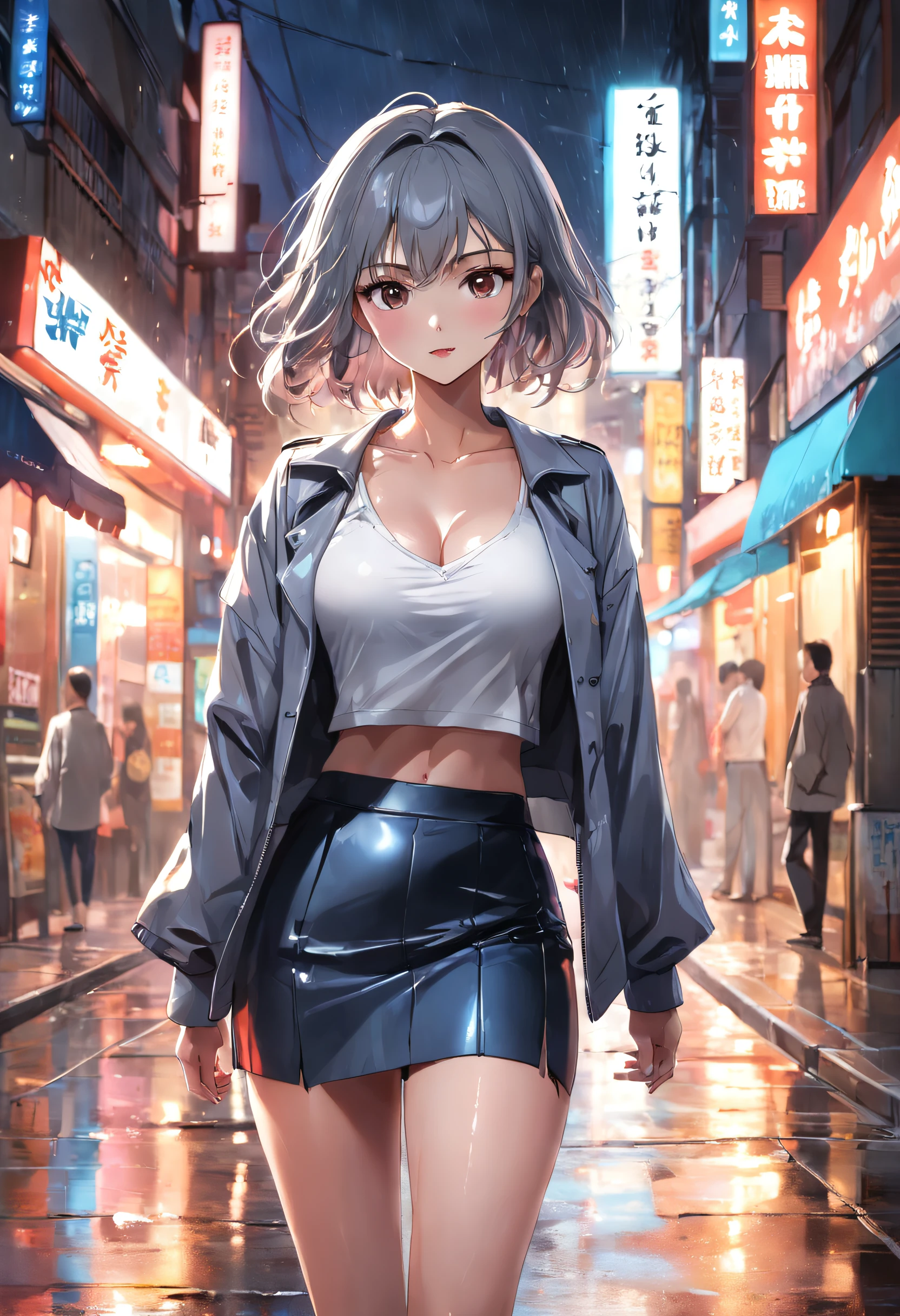 (8k, best quality, masterpiece:1,2), (realistic, photo-realistic:1,37), top quality, masterpiece, a beautiful woman, wearing a shirt for women crop v neck top white t-shirt korean fashion women t with a tight open gray color jacket, beautiful and toned body, cleavage, floral mini skirt, walking in the suburbs, slightly drizzling night background, in shops with Korean-style shop lights, night atmosphere, slightly wet asphalt, seductive smiles with dimples,