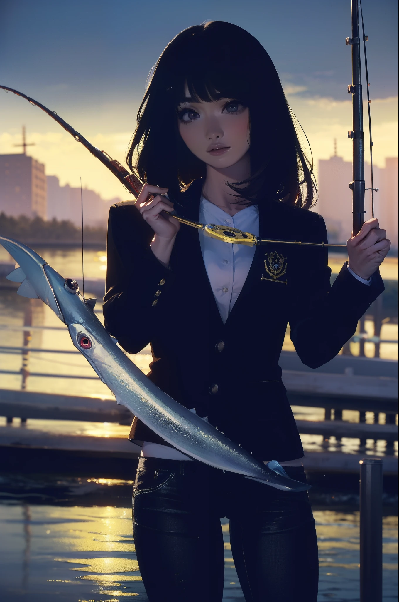 ((((casting a lure and having fishing rod with a reel by the lakeside:1.5)))),((Female 28 years old)),((Best Quality:1.5)),(((Hands with the correct number and structure of fingers:1.4))),((Big fish:1.37)),hight resolution,ultra-detailliert,masterpiece,best qualtiy,(Eight-headed body),Black hair, long eyes-lashes, Solid Circle Eyes, drop shadow, Atmospheric perspective,Super Detail, ccurate, small brest,(Black jacket and black jeans :1.1),top-quality, blurry backround, bokeh dof:1.2, (masterpiece:1.3), Atmospheric perspective,Super Detail,dynamic compositions,