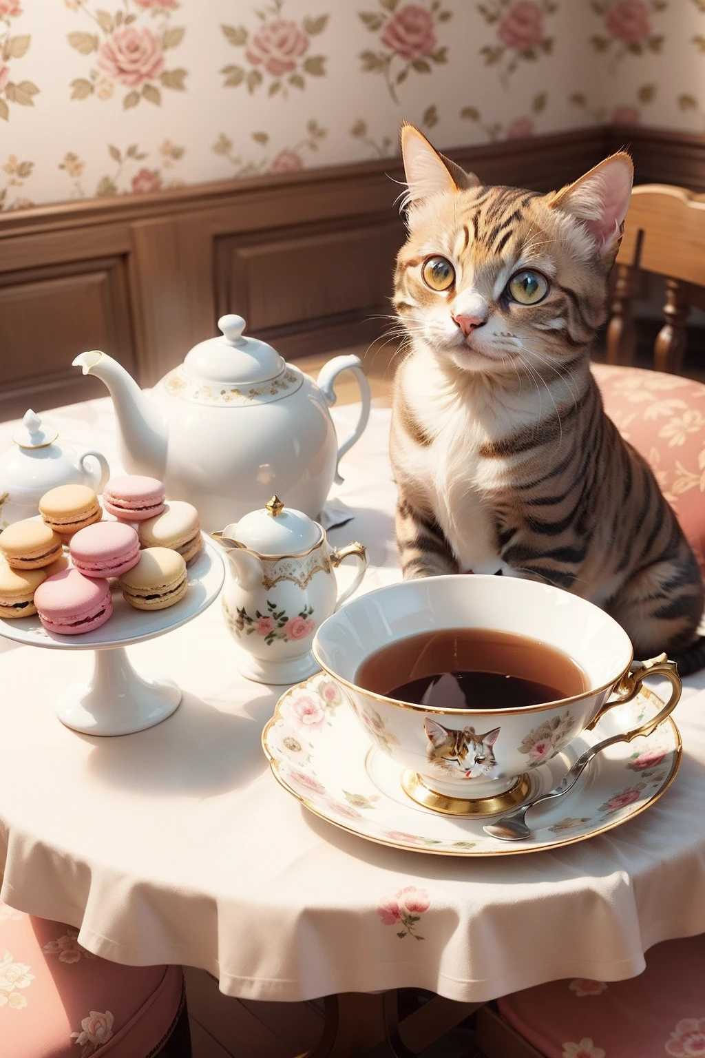 Here's the translation:
"Cat's Tea Party: Please illustrate a scene where a brown and white tabby cat is sitting in front of a small table, holding a teacup and enjoying its tea. On the table, there are sweets like macarons and cakes lined up. The background features floral-patterned wallpaper, giving off an antique ambiance."