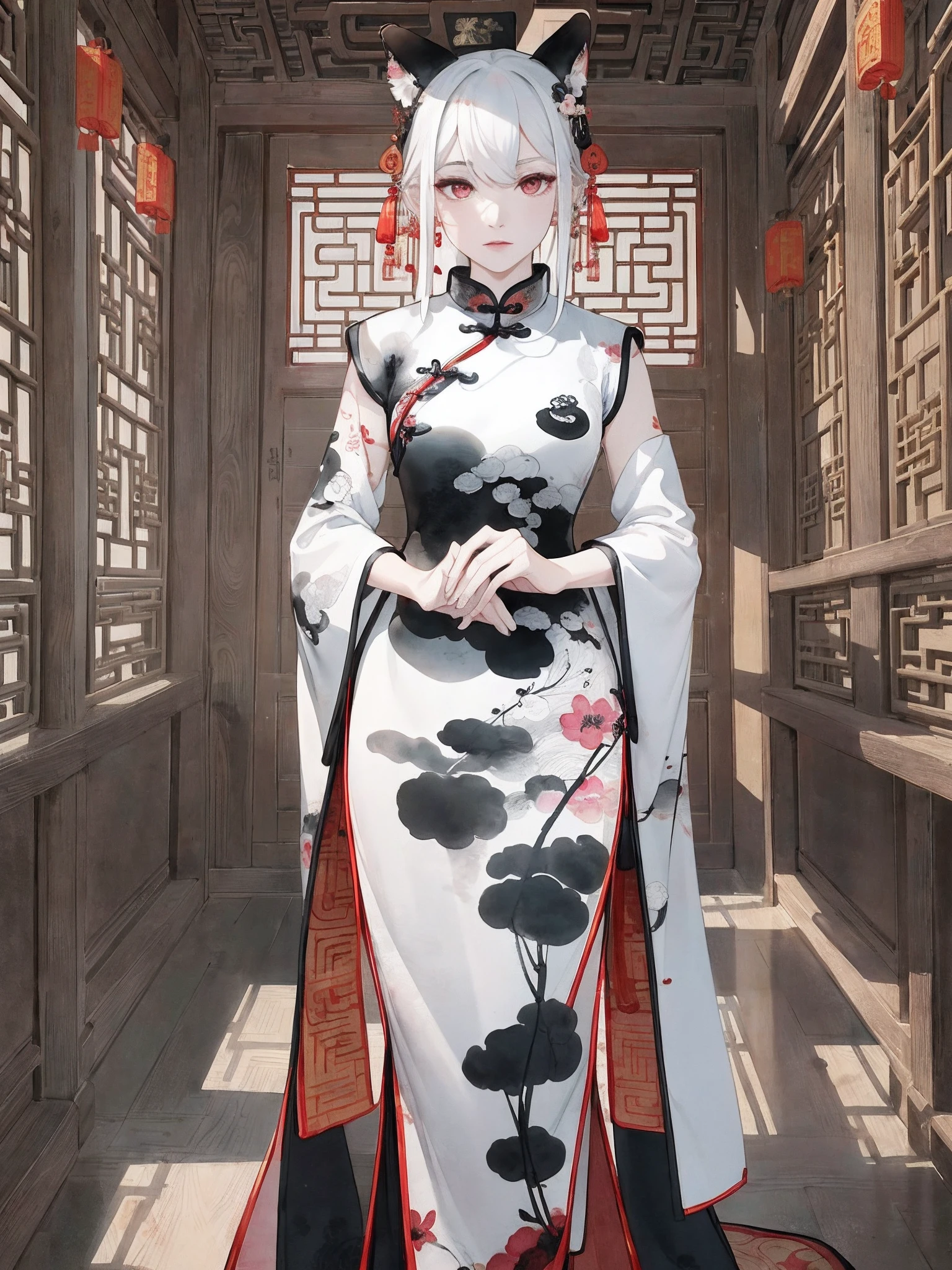 ((8K,​masterpiece、top-quality))、((Traditional Chinese Ink Painting:1.4)),lotuses,((qipao dress:1.3)),Dress conservatively ,独奏、white  hair、fox ear、blanche,looking at viewert
