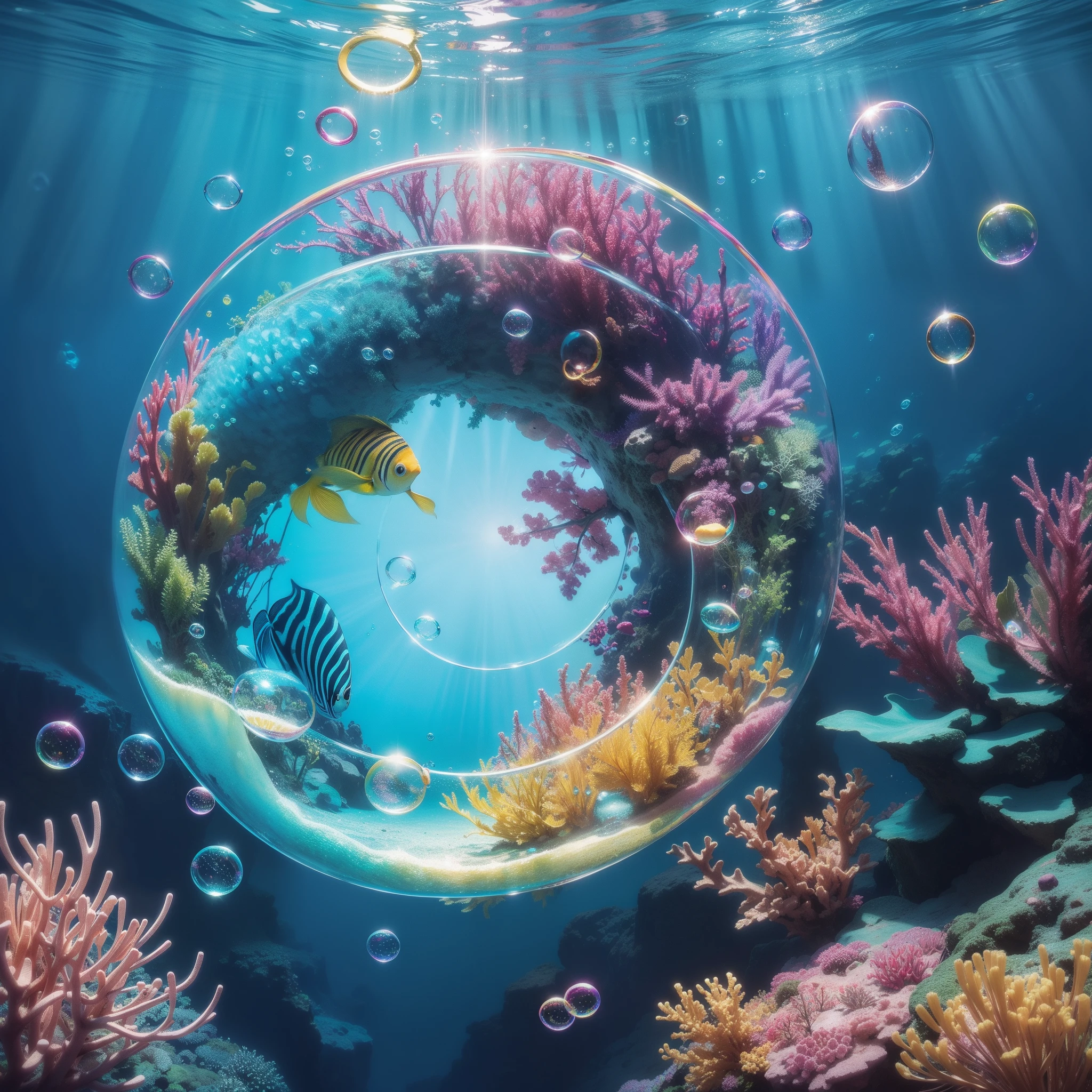 Underwater, colorful and beautiful Small tropical fish pass through a (circle of bubbles, ring of bubbles:1.3). Bright light illuminates the sea. no Human. Detailed drawing. Vivid colors. High image quality. (Best Quality), (masutepiece:1.3), Unity 8K Wallpaper. a beautiful artwork illustration, SIDESHOT,