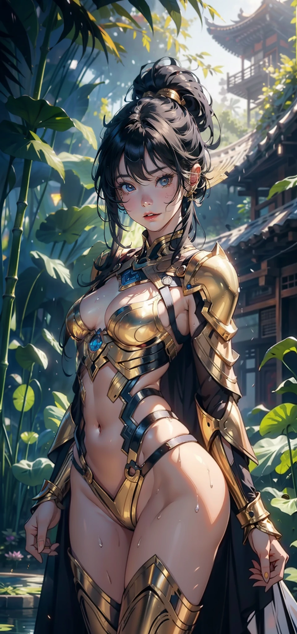 1female,age 5,Small ,Low chest exposure, 独奏,(Background with:bamboo forrest,lotuses,lotus flower,exteriors,Lotus pond) She has short black hair,standing on your feet,Sweat profusely,drenched all over the body,seen from the front, hair straight, mostly cloudy sky,(((tmasterpiece),(Very detailed CG unity 8K wallpaper),best qualtiy,cinmatic lighting,detailed back ground,beatiful detailed eyes,Bright pupils,Black eyes,(Very fine and beautiful),(Beautiful and detailed eye description),ultra - detailed,tmasterpiece,)),facing at camera,A high resolution,ultra - detailed),revealing breasts,Bare genitalia, Bulge,legs are open,Raised sexy,Camel toes,Flushed complexion,Open-mouthed,frontage,Gold Saint Seiya,(Wearing:Transparent robe,Gold wire embroidery,Armour,Iron Man uniform,cyber punk style)