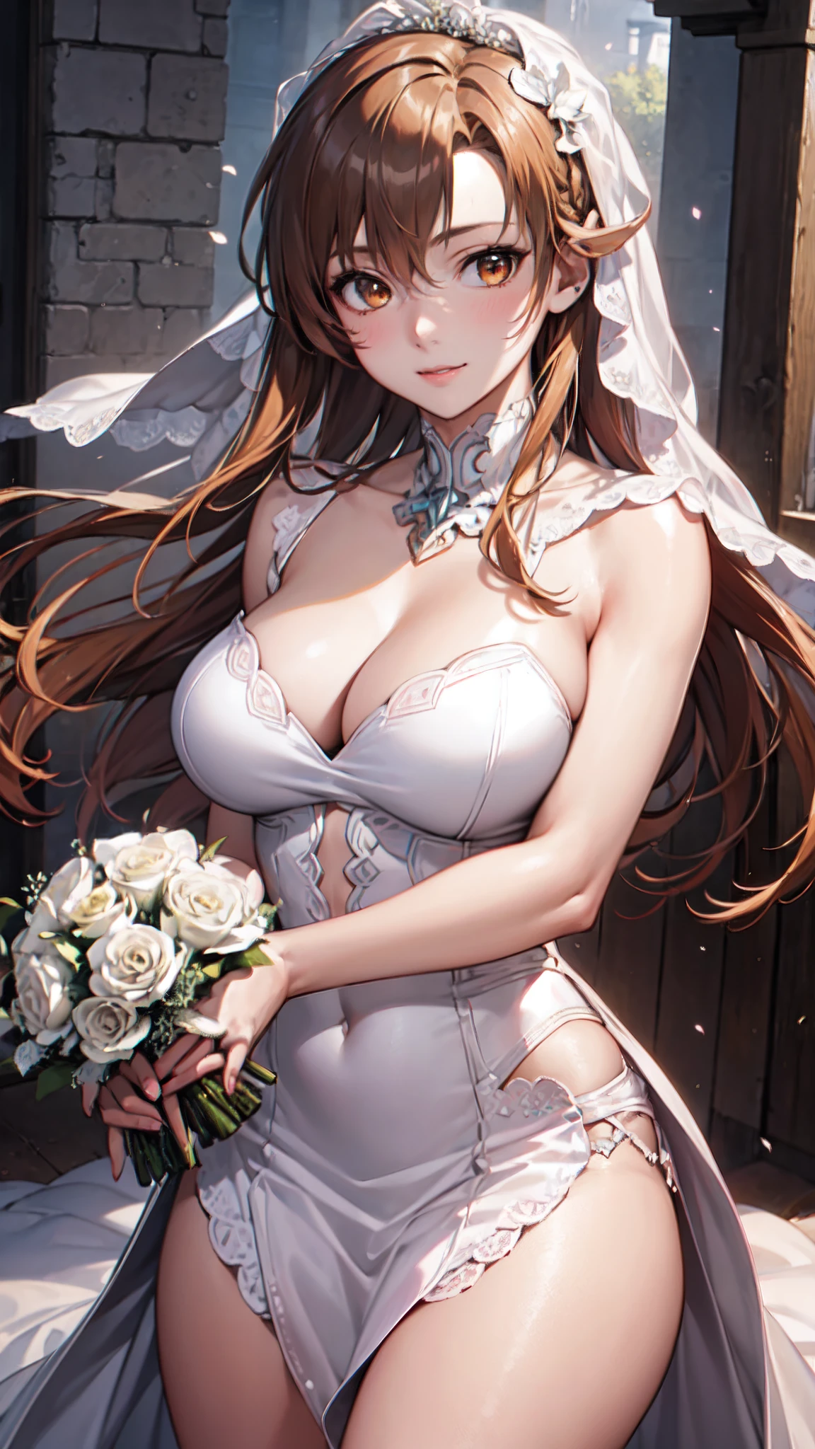 Official art、(Highly detailed CG Unity 8K:1.5)、Perfect litthing、colourfull、Bright Front face Illuminating,(Curve,Model,glamor:1.5),(Realistic, hyper realisitic:1.5),(Sharpen:1.5),
(Master Pieces:1.5), (best_quality:1.5), Super Hi-Vision, super detailing,upper view,(Seductive smile:1.4),(is standing:1.3),(holding a bouquet of white flowers with both hands:1.5),
Photo Shot,hight resolution,(absurderes:1.2)、Kodak Portra 400、film grains,(lensflare:1.2)、(vivd colour:1.5),
(cowboys_shot:1.4),during daytime、Sunsight,Face up,(Asuna),(Asuna Yuki:1.5),(chies:1.4),White petals fluttering a little,
partedbangs,beutiful breast、(Solo:1.5),(neat figure:1.5)
(a 1 girl:1.5)、18year old、High school students、Beautiful Finger、Beautiful body、Beautiful nose、Beautiful character design、Perfect eyes、face perfect、Beautiful hair,Animated,cleavage, (Exquisite cloth,beautifully detailed eyes:1.3), (Portrait),
(lovly、Large breasts:1.5),(Beautiful face:1.5),delicate patterns,intricate detailes,The best girls in anime,beautiful anime woman、Ecchi anime style、lascivious,(White translucent silk hood:1.4),(Exquisite cloth,Ren Hao:1.4),(Bride outfit with white lace skirt,:1.5),red blush,shinny skin,(Style image of woman in white lace wedding dress:1.5),A seductive anime girl、Smooth Anime CG Art、beautiful alluring anime 、photorealistic anime girl render、beautiful alluring anime woman,Soft lighting、Beautiful anime girl、charming anime girls、Perfect body with realistic shading、(Orange Eyes:1.4),(dark orange hair:1.5), (Style image of bride in veiled wedding dress:1.5), guweiz on pixiv artstation,guweiz on artstation pixiv, Cute anime waifu in a nice dress, highly detailed exquisite fanart, beautiful anime woman, Beautiful anime girl, artwork in the style of guweiz, Very detailed ArtGerm